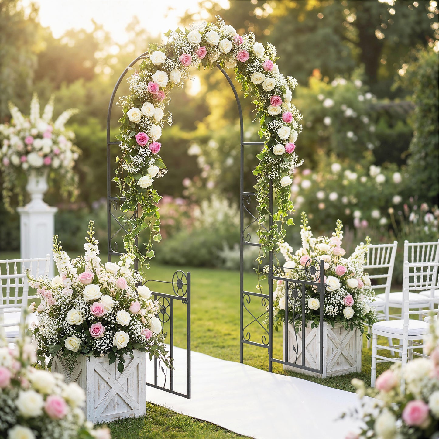 7.4 ft Garden Arch, Outdoor Trellis Arbor with Gate for Climbing Plants, Wedding Arch, Black
