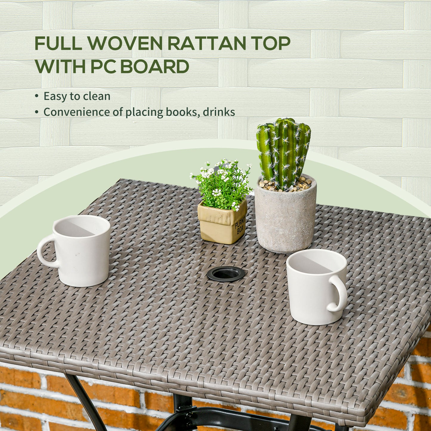 Patio Wicker Dining Table with Umbrella Hole, 34 Inch Outdoor PE Rattan Coffee Table with Plastic Board Under the Woven Table Top for Patio, Garden, Balcony, Mixed Brown