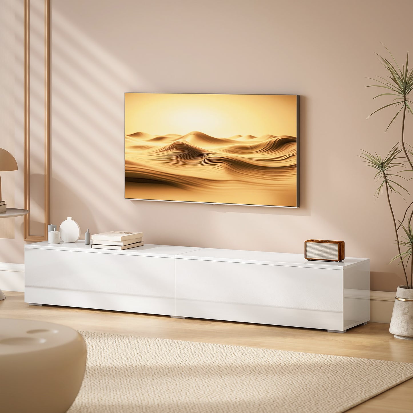 Floating TV Stand for TVs up to 75 Inch, 70.9" TV Cabinet, Entertainment Center with 2 Flip Doors, High Gloss White