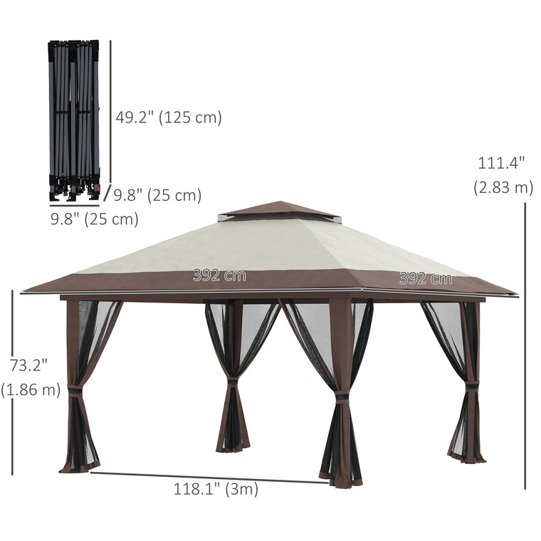 13' x 13' Beige Pop-Up Canopy with 2-Tier Roof & Netting