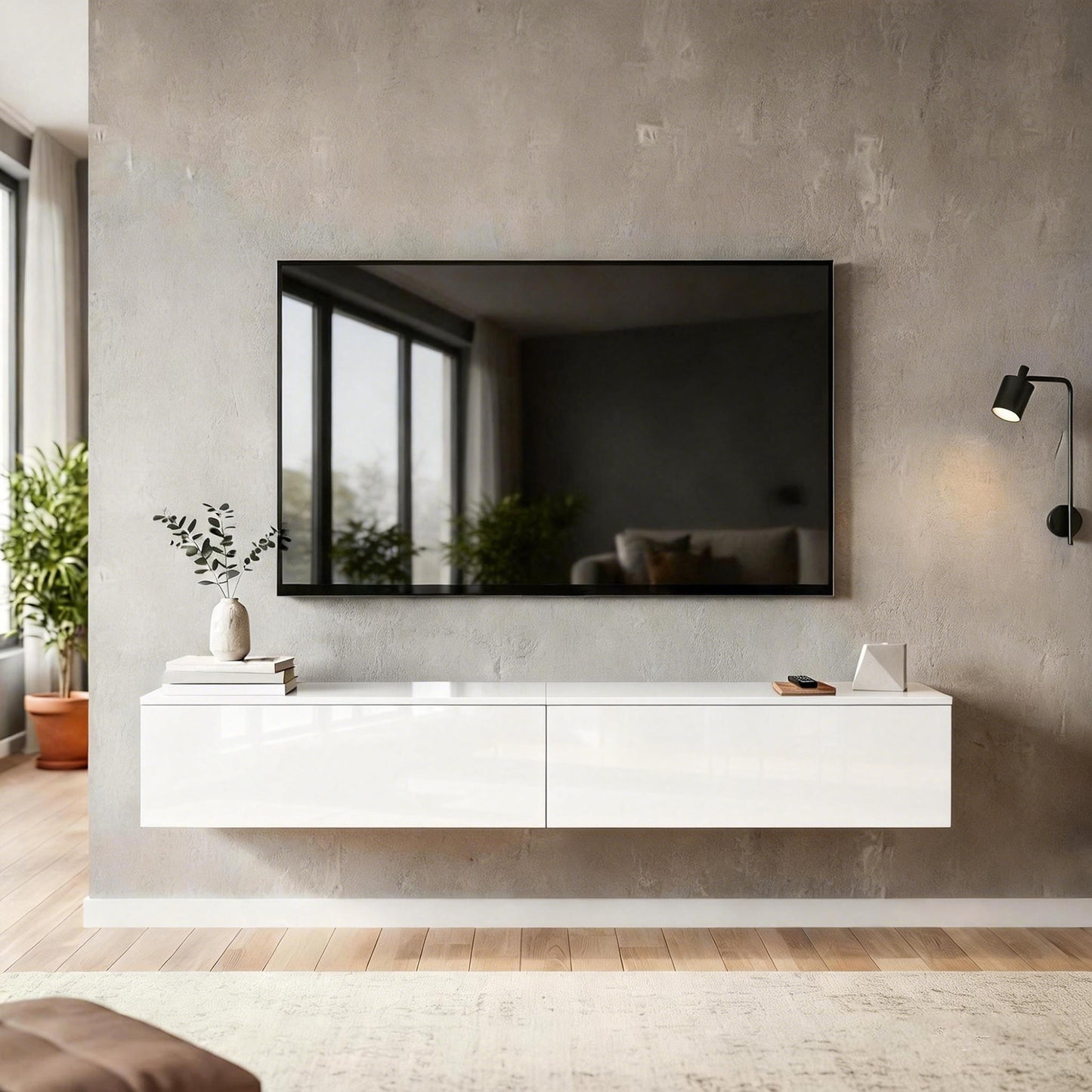 Floating TV Stand for TVs up to 75 Inch, 70.9" TV Cabinet, Entertainment Center with 2 Flip Doors, High Gloss White