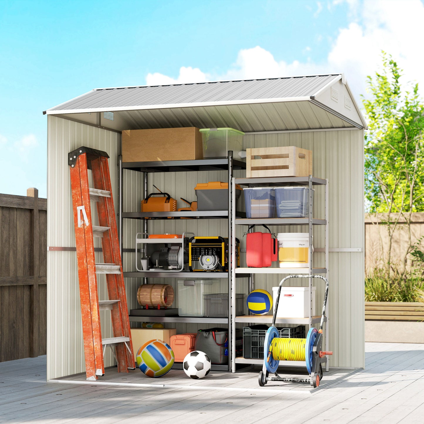 7' x 6' Tall Outdoor Storage Shed, Waterproof Metal Garden Shed with Gloves, Lockable Door, Silver Grey