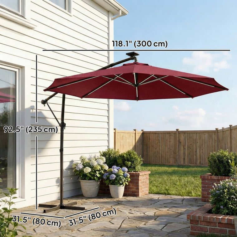 10' Wine Red Offset Umbrella with Solar Light & 360° Rotation