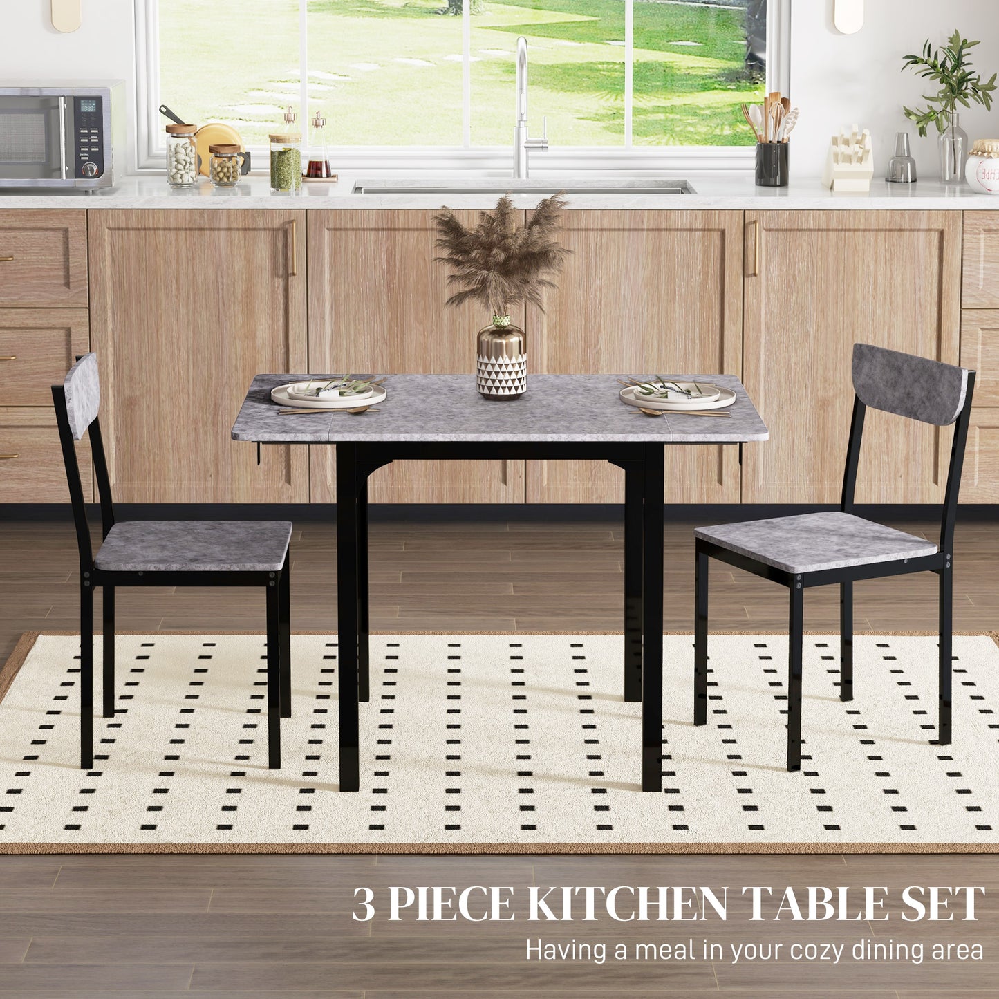 Foldable Dining Table Set for 2, Drop-Leaf Kitchen Table with 2 Chairs for Apartments and Studios, Natural
