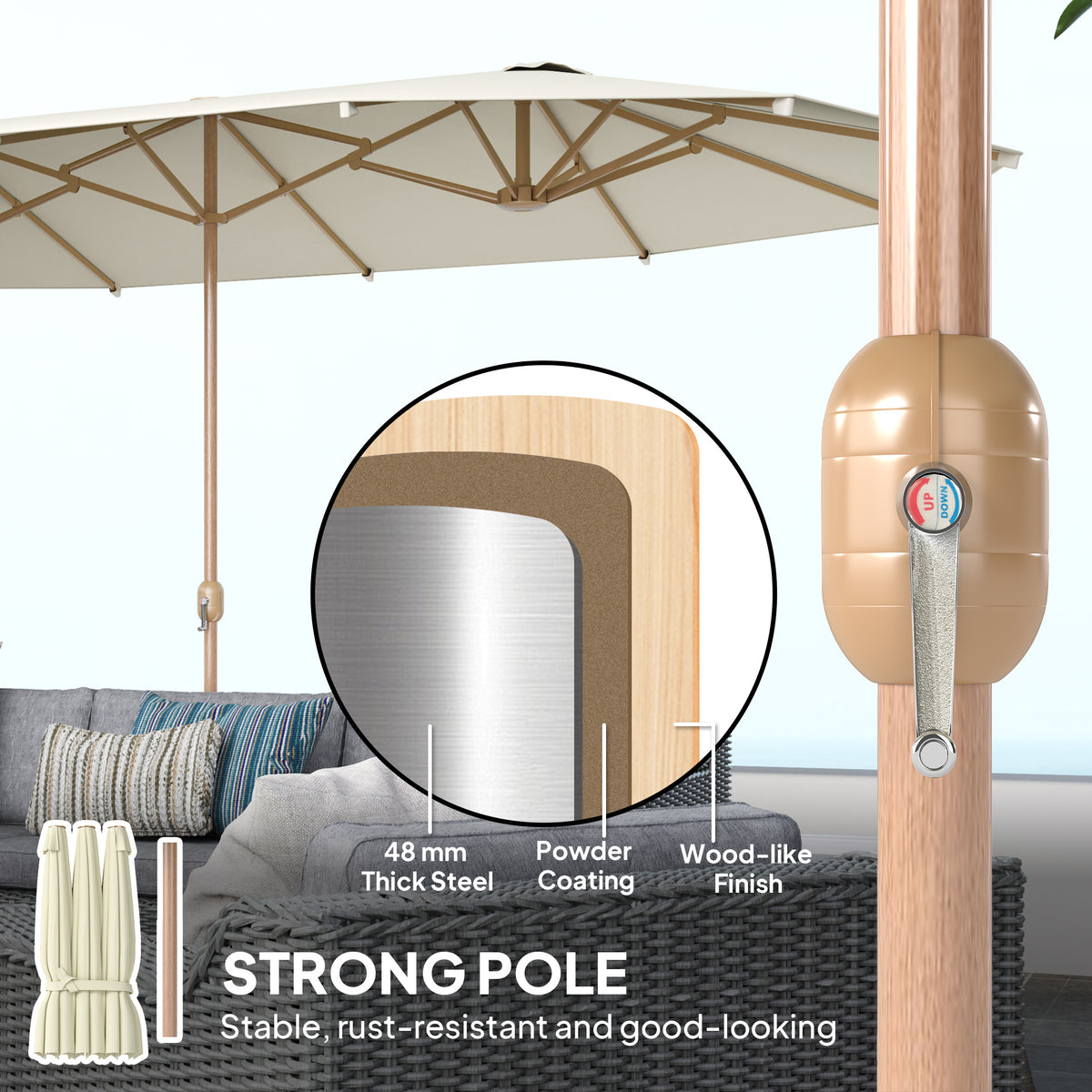 179.1" x 104.3" Beige Double Garden Parasol with 12 Steel Ribs