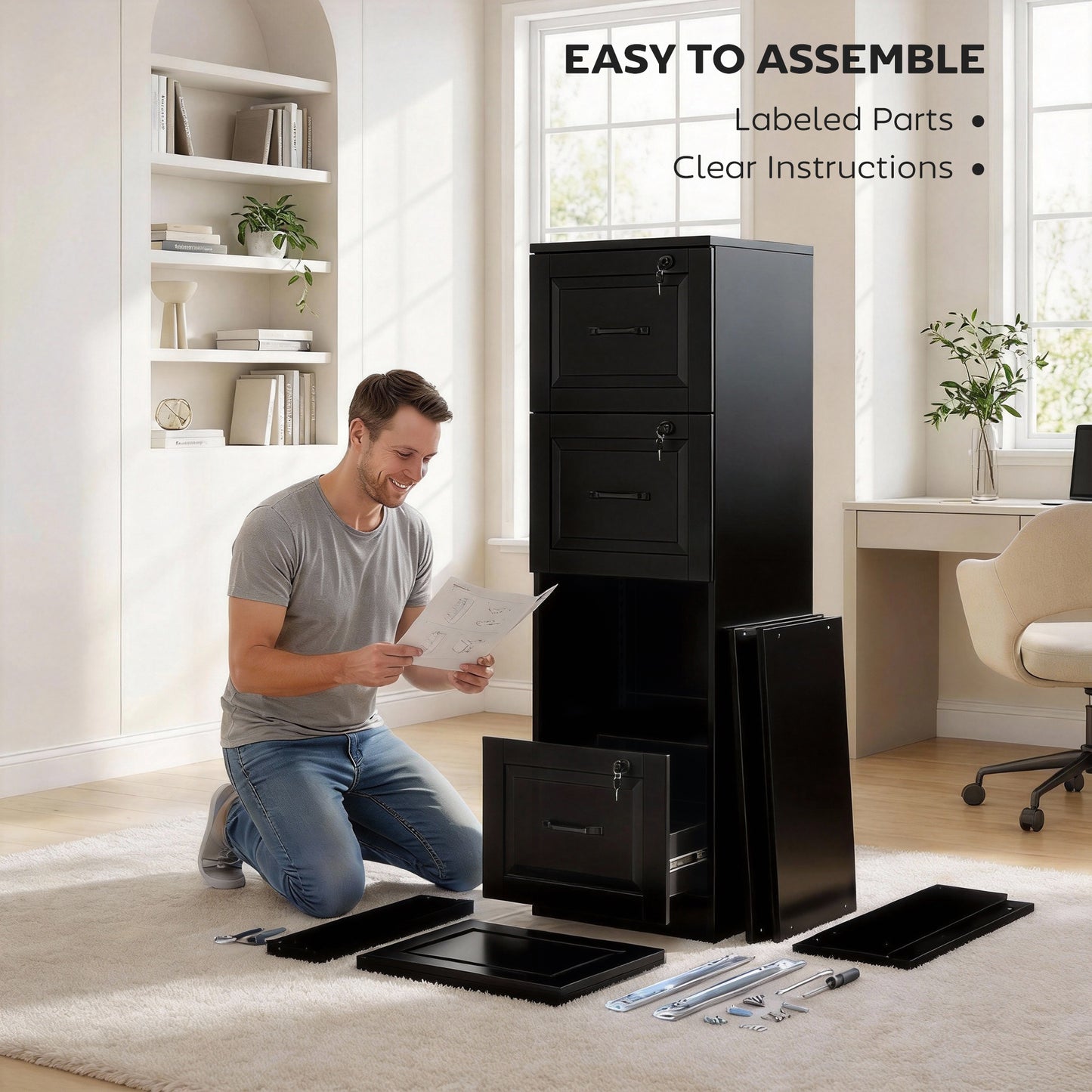 4 Drawer File Cabinet with Lock, Vertical Filing Cabinet with Adjustable Hanging Bars for A4 and Letter Size, Black