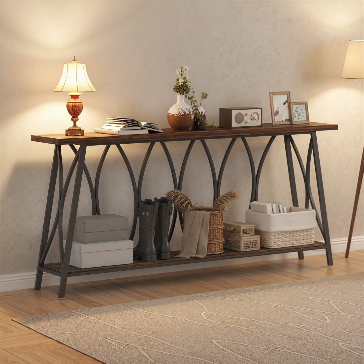 71" Console Table, Industrial 2-Tier Narrow Entryway Table with Metal Frame for Living Room, Hallway, Rustic Brown