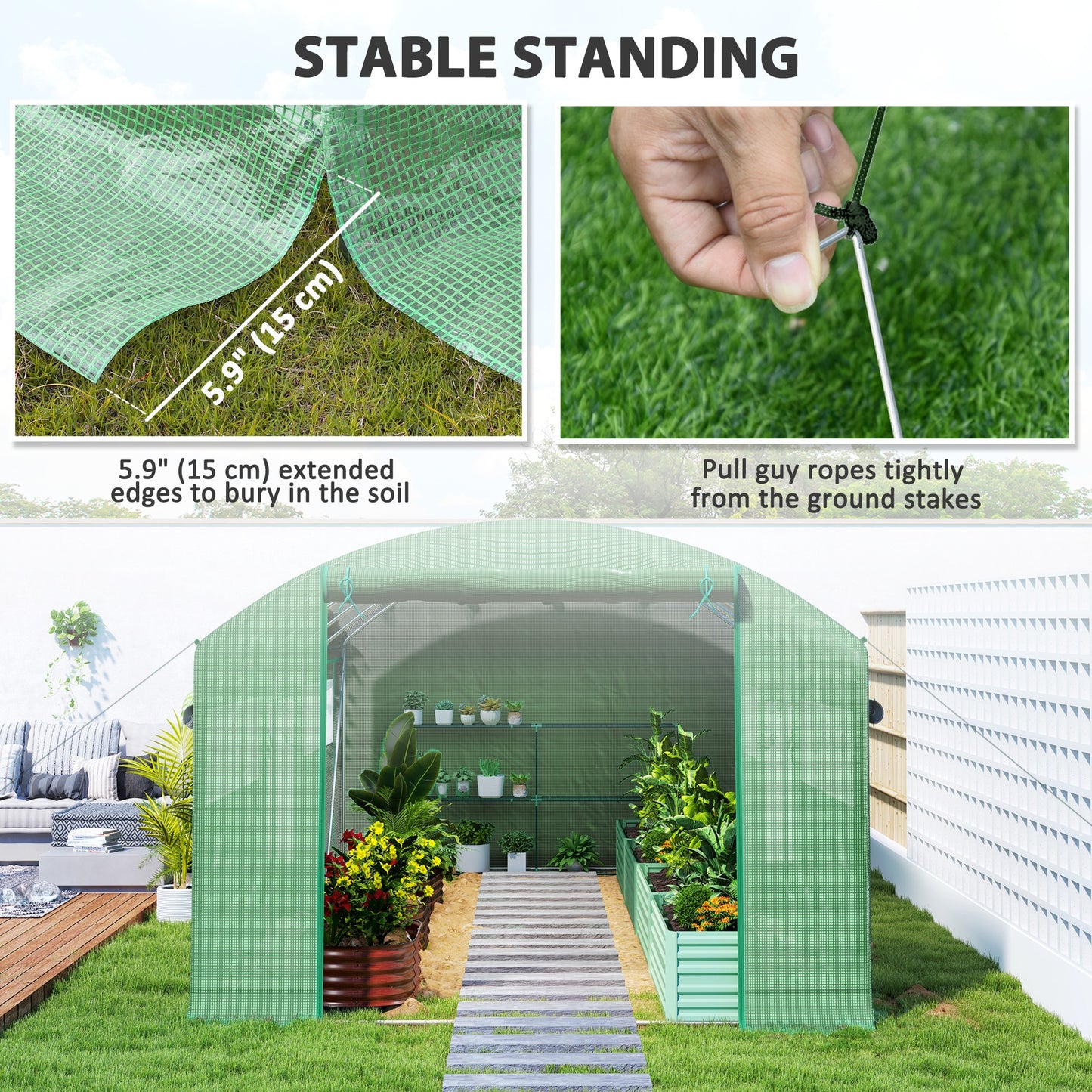 19.5' x 10' x 7.5' Tunnel Greenhouse with 3 Roll-Up Doors and Large Mesh Windows, Galvanized Steel Frame, Wind Resistant, Green