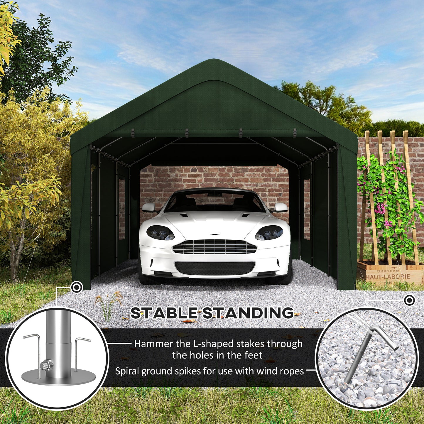12 x 20ft Carport with 2 Roll-Up Doors, 4 Windows, Portable Garage with Removable Sidewalls for Car, Truck, Dark Green