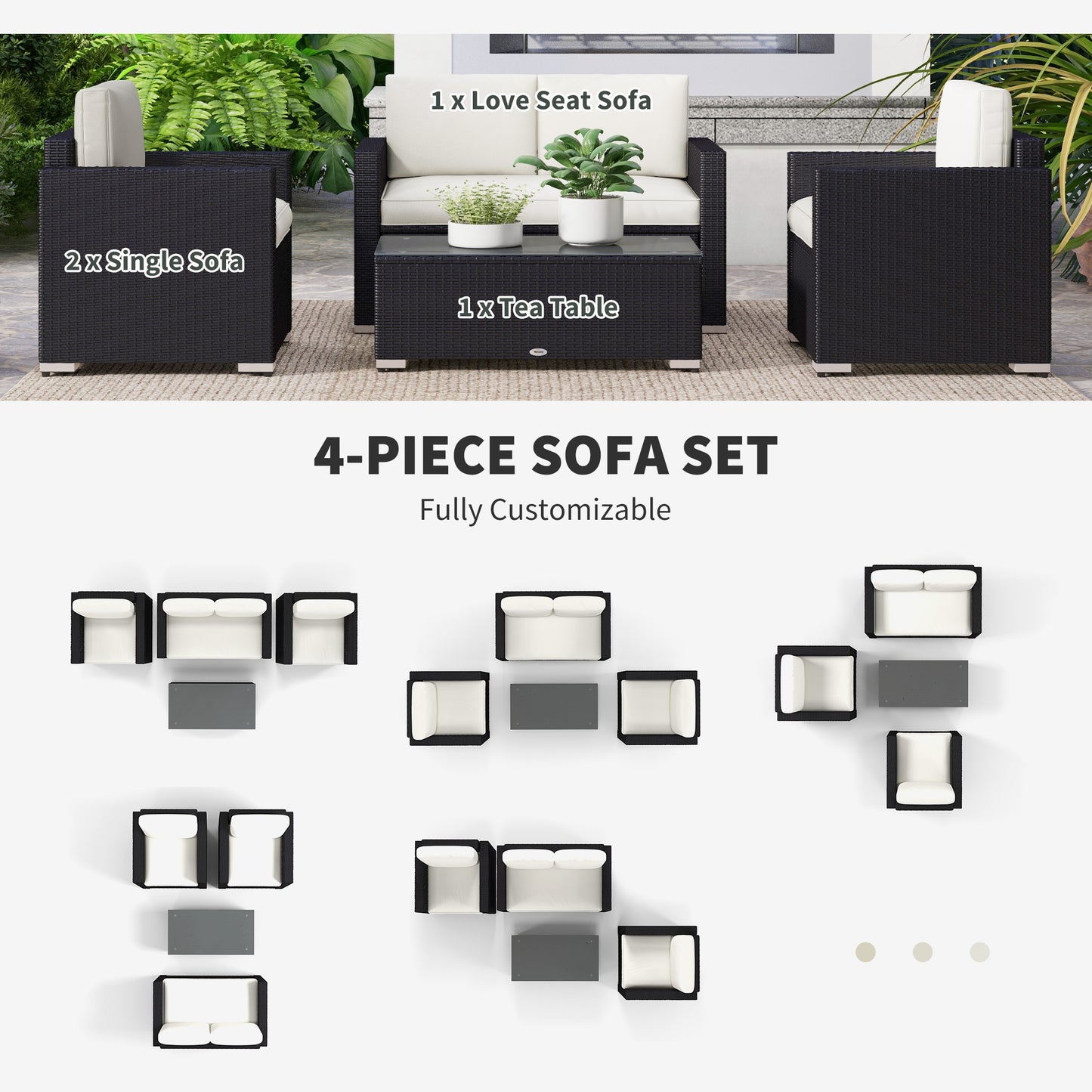 Outdoor Furniture with Table, Wicker Furniture with Loveseat and 2 Chair for Garden, Poolside, Cream