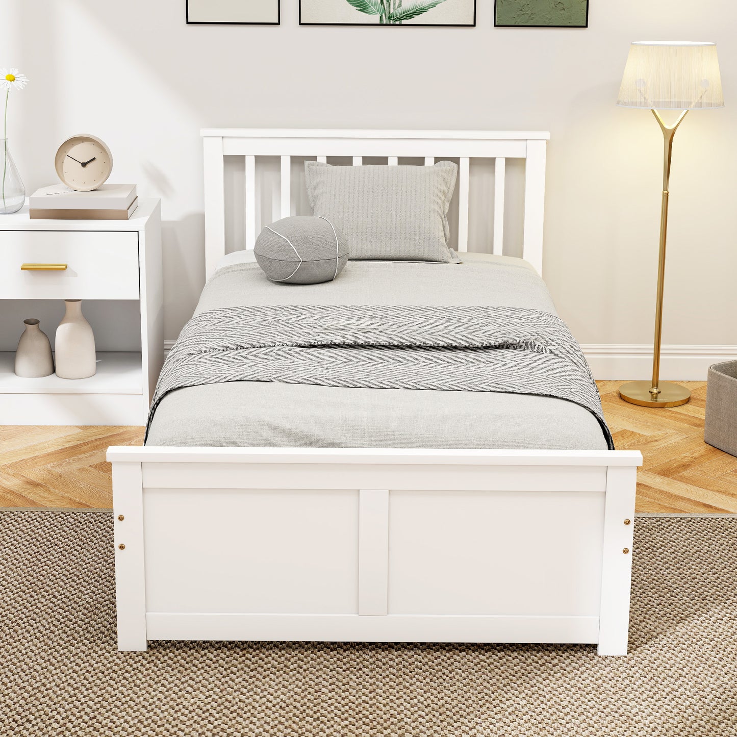 Pine Twin Bed Frame, Wood Storage Bed Frame with Drawers, Wood Slat Support, No Box Spring Needed, Easy Assembly, White