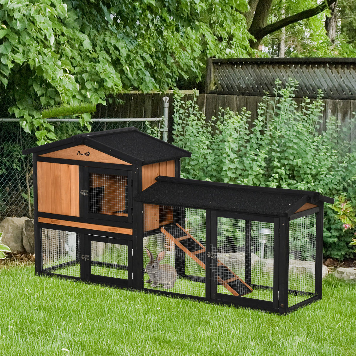69" Black Wooden Rabbit Hutch with Run & Ramp