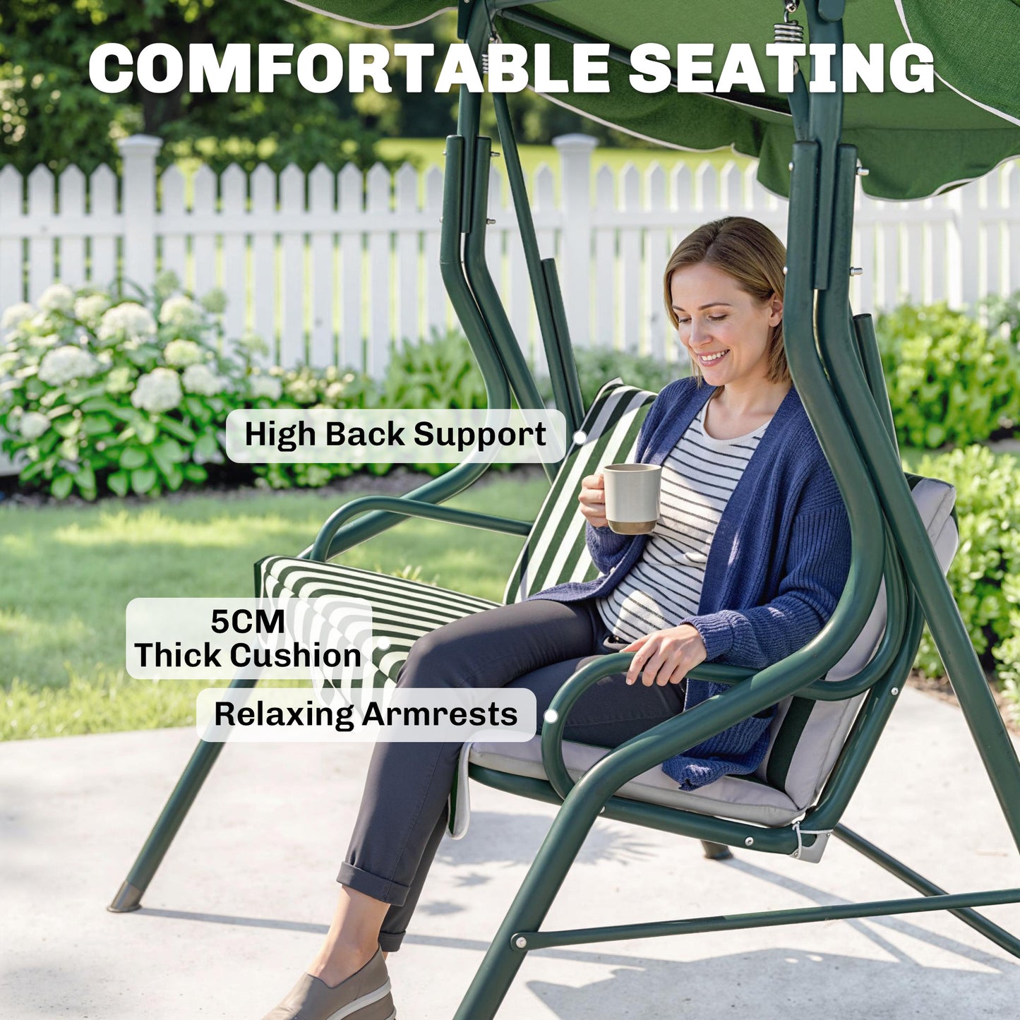 Outdoor Porch Swing with Adjustable Canopy, 3-Seater Patio Swing Chair with Cushion, Black