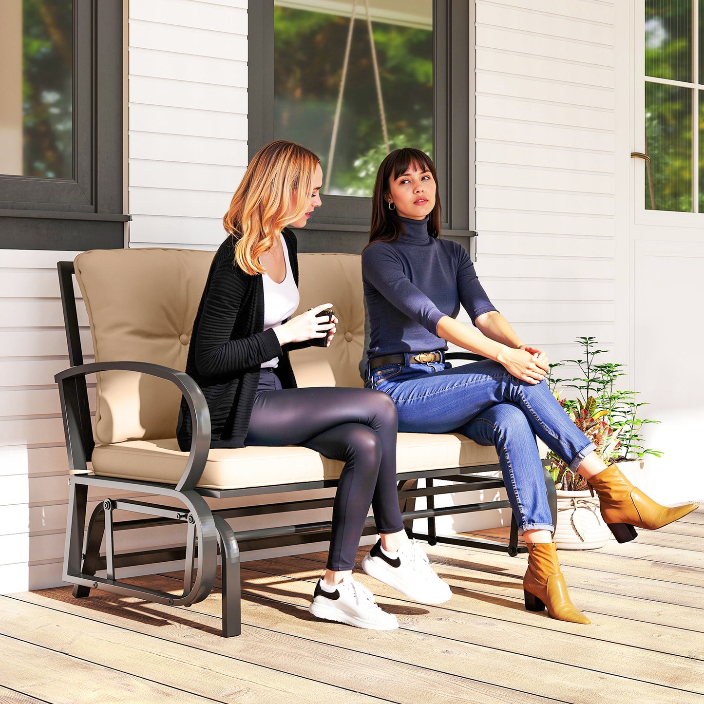 2-Person Outdoor Glider Chair, Patio Double Rocking Loveseat with Steel Frame and Cushions for Backyard, Garden and Porch, Khaki