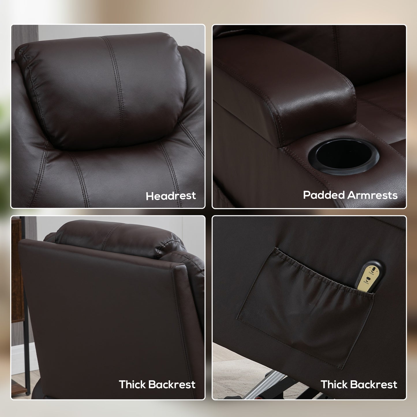 Power Lift Recliner Chair for Elderly, PU Leather Lift Chair with Thick and High Back, Footrest, Remote, Side Pockets, Cup Holders, Reclining Sofa for Living Room, Brown