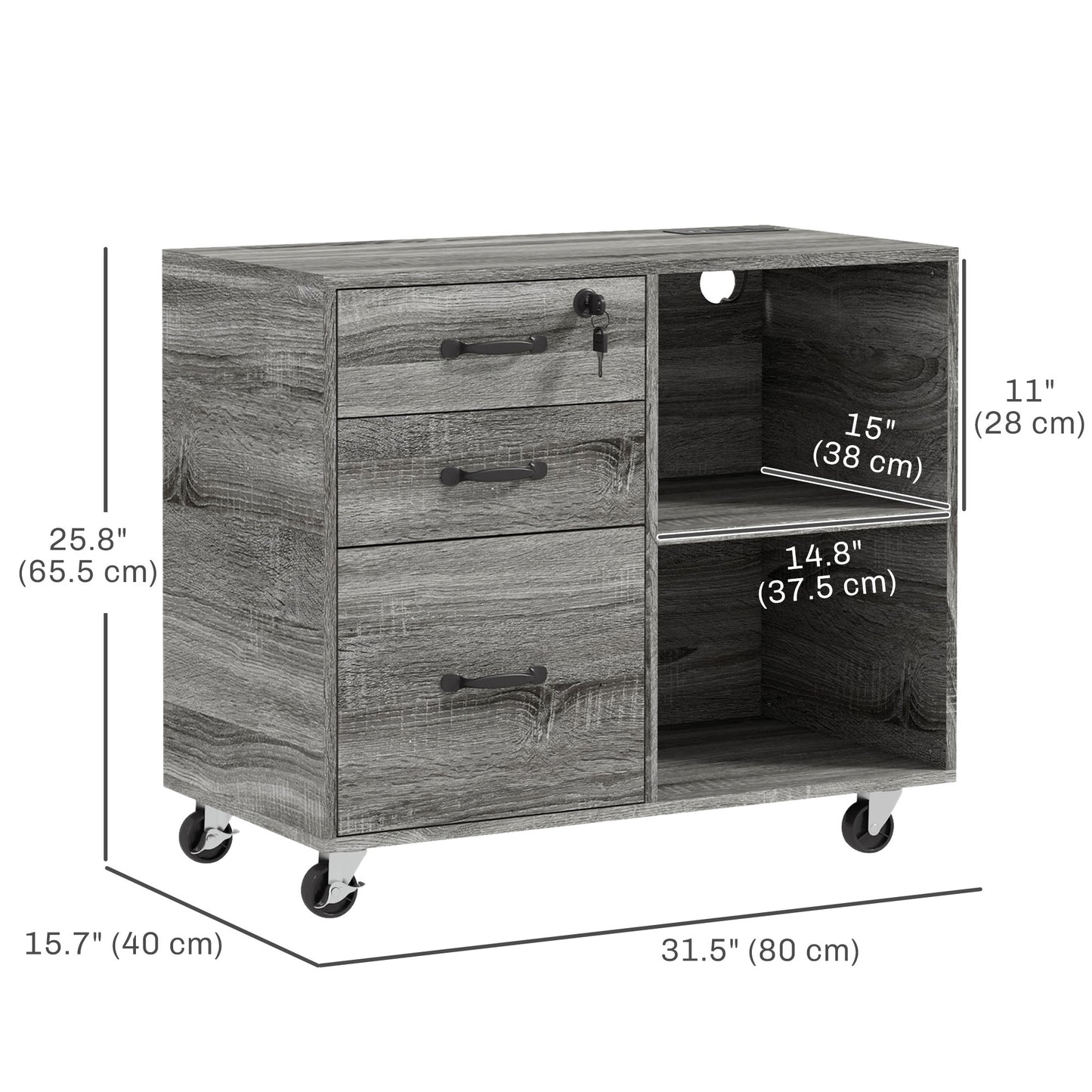 Mobile Printer Stand with Charging Station USB Ports Locking Filing Cabinet for A4 Letter Size Grey
