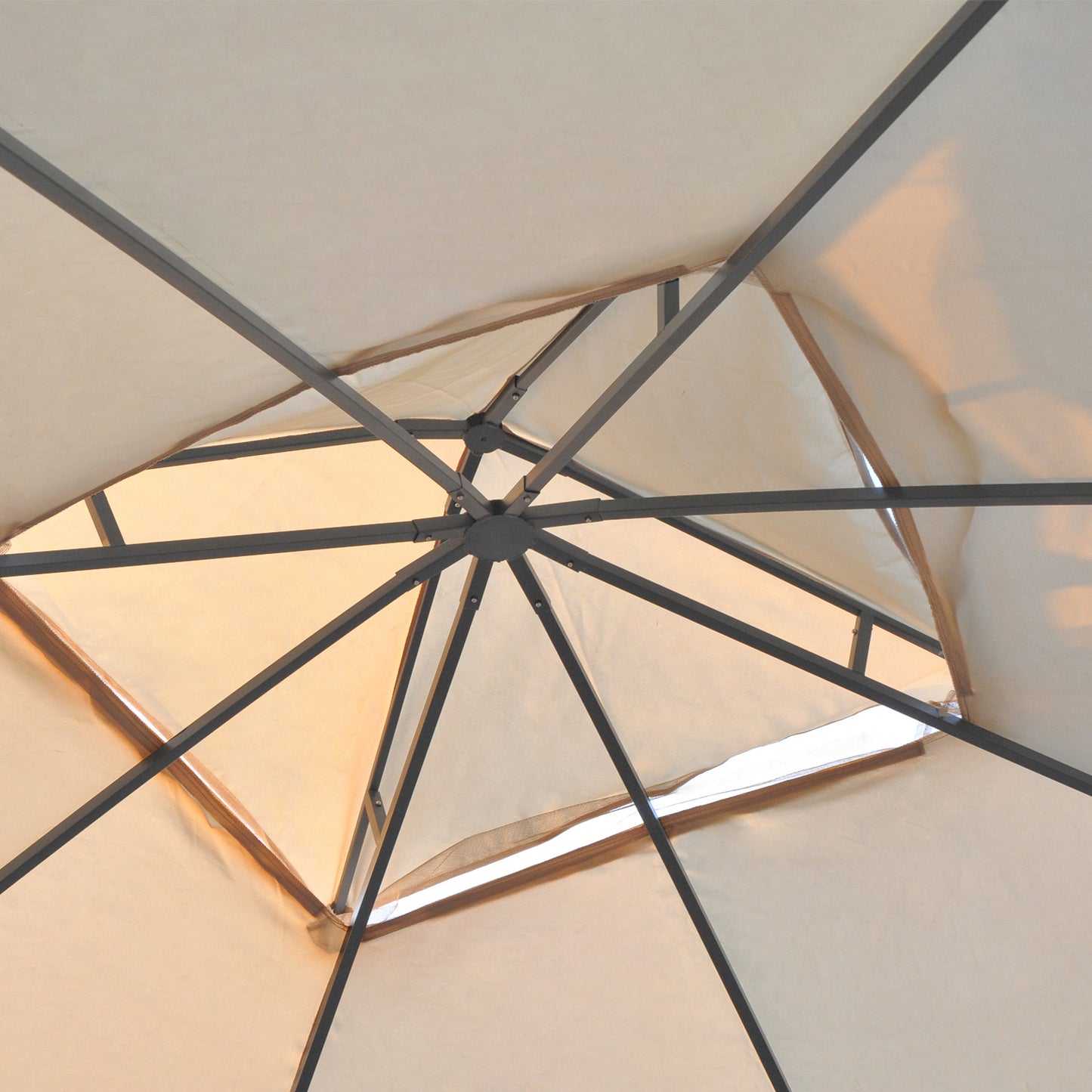 10' x 10' Steel Outdoor Patio Gazebo Canopy with Removable Mesh Curtains, Display Shelves, & Steel Frame, Beige