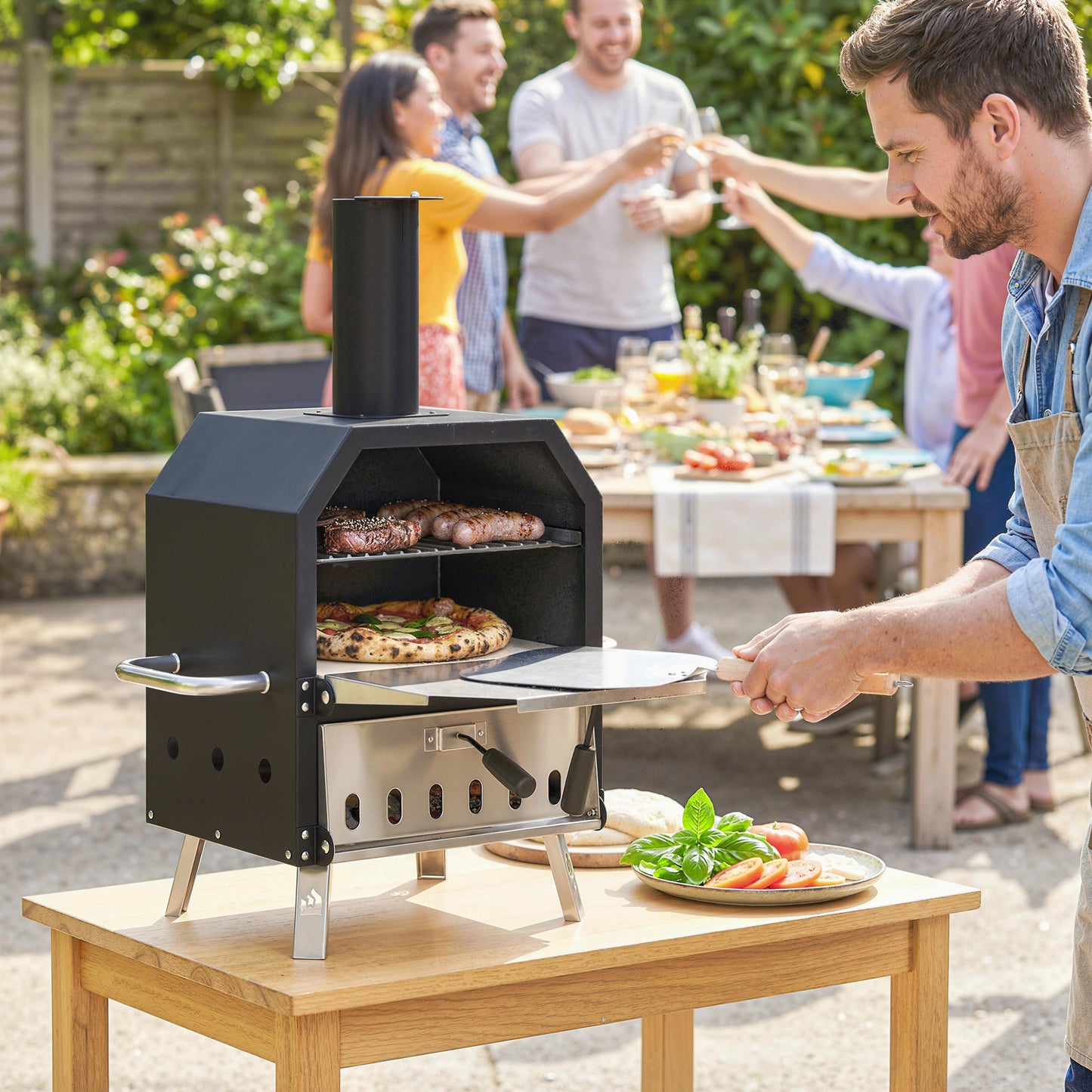 Outdoor Pizza Oven with 12" Pizza Stone, Peel, Wood Fired 2-Layer Stainless Steel Pizza Maker