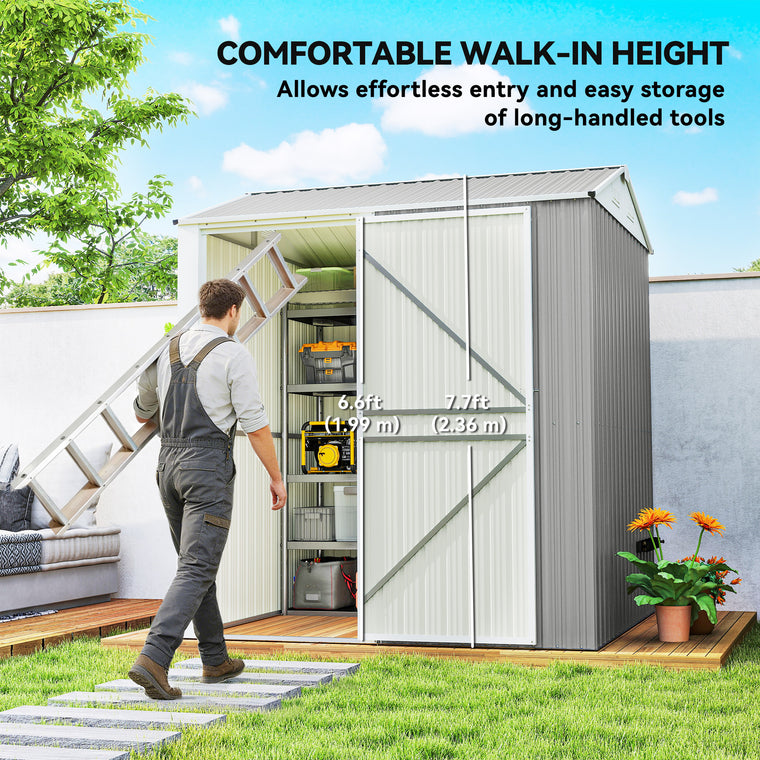 7' x 6' Tall Waterproof Metal Shed with Gloves - Silver Grey