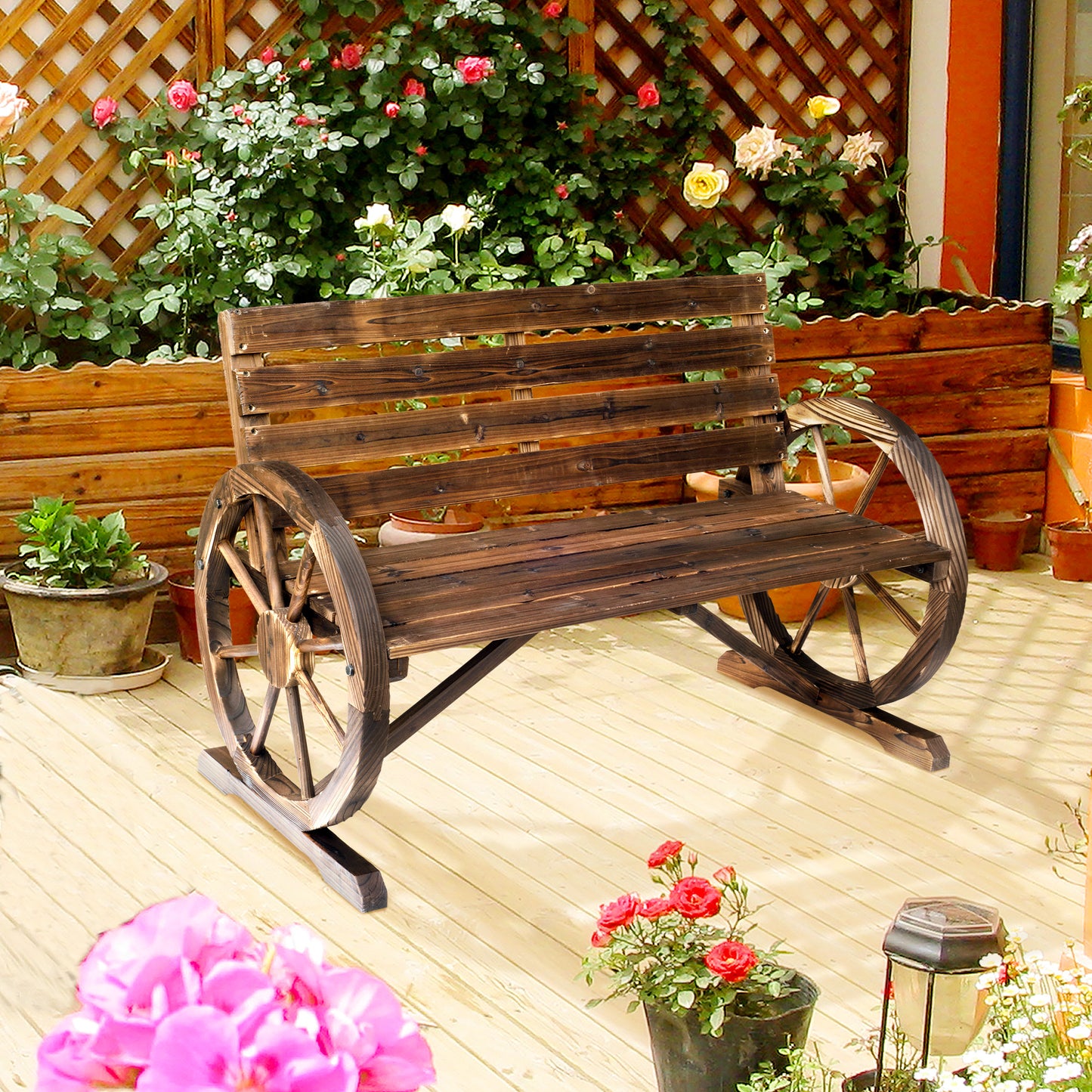 42" Wood Wagon Wheel Bench Garden Loveseat Rustic Seat Relaxing Lounge Chair Outdoor Decorative Seat Park Decor, Brown