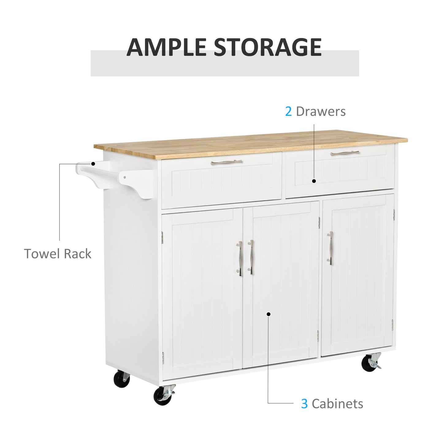 48" Kitchen Island with Storage and Solid Wood Top, Rolling Kitchen Cart on Wheels with 2 Storage Drawers, 3 Doors and Towel Rack for Dining Room, White