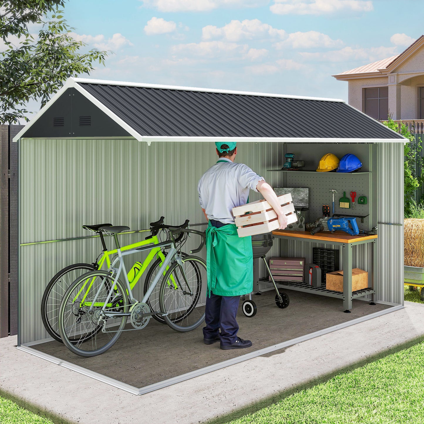 Metal Garden Storage Shed, Outdoor Tool Storage House with Lockable Door, Vents, Sloped Roof, Light Grey
