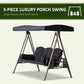 Outdoor Patio 3-Person Steel Canopy Cushioned Seat Bench Swing with Included Side Trays & Padded Comfort, Black