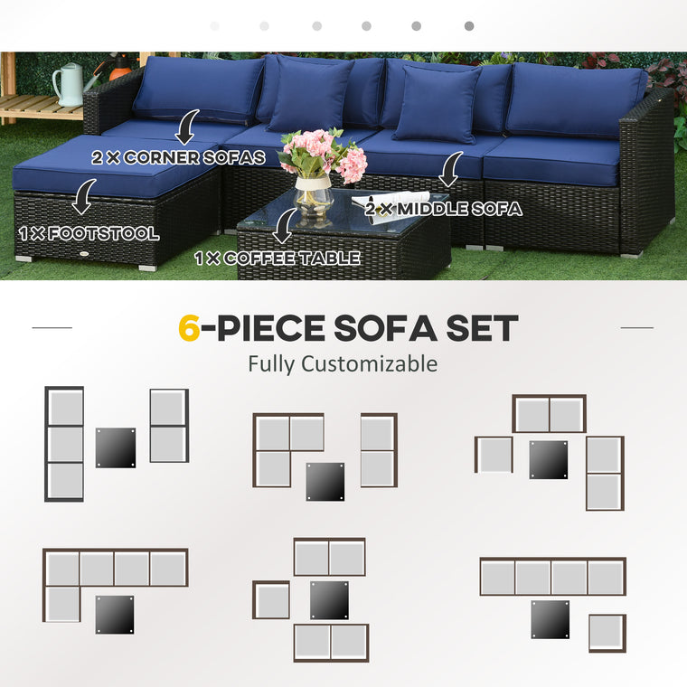 Black & Dark Blue 6-Piece Rattan Sofa Set with Cushions
