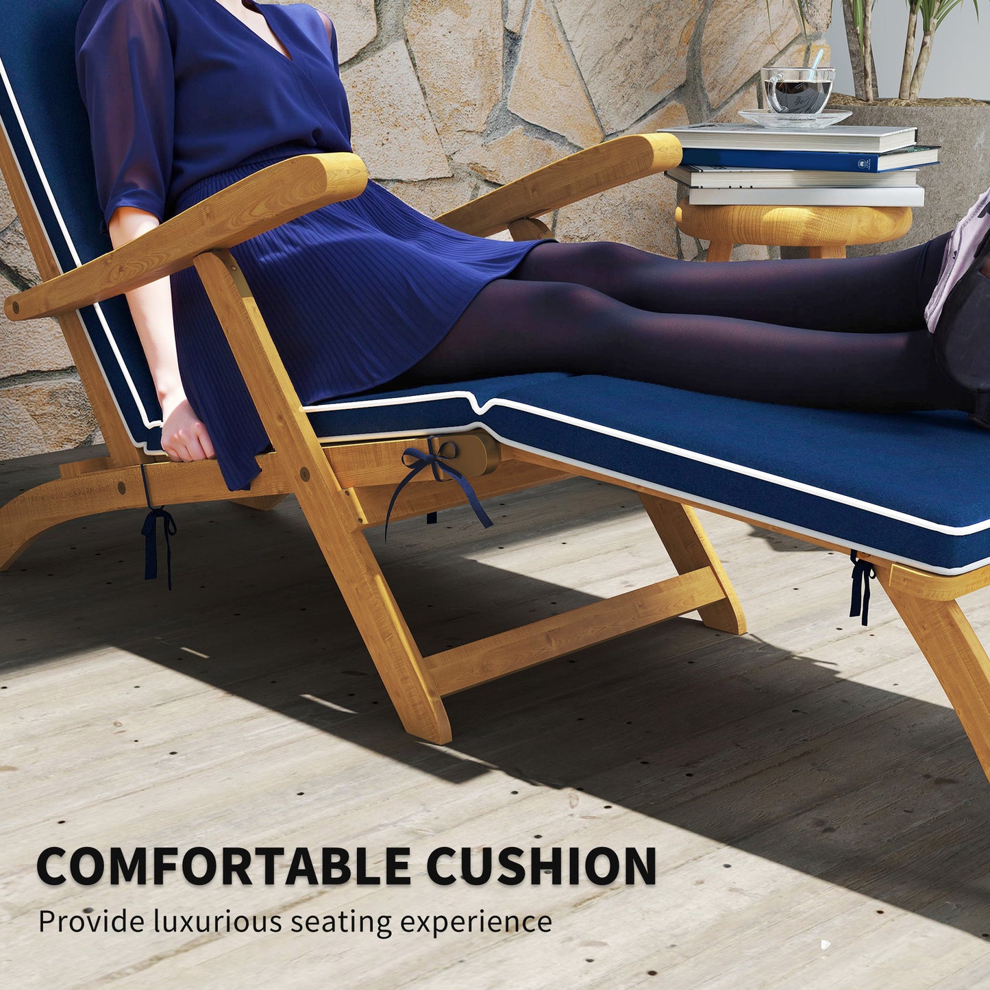 Folding Patio Lounge Chair with Padded Cushion, Acacia Wood Patio Lounger Recliner with Footrest for Garden, White