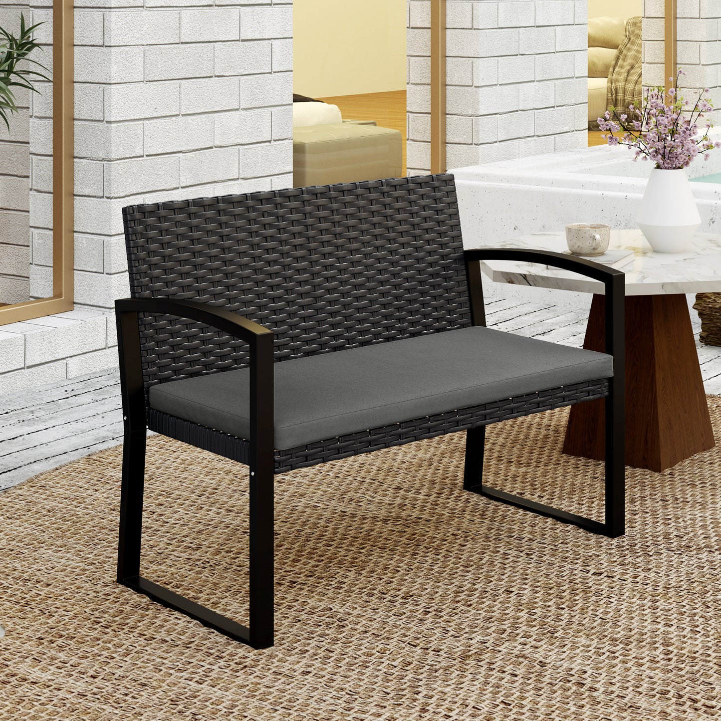 2 Seater Outdoor Bench, Rattan Garden Bench Loveseat with Cushion, Armrests, Steel Frame for Patio, Porch, Beige