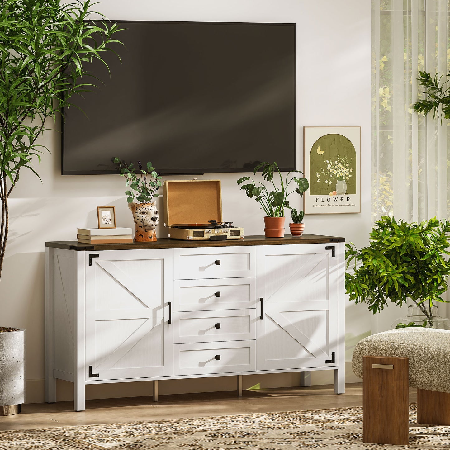 59" Buffet Cabinet, Farmhouse Sideboard with Thick Top, 2 Barn Doors, 4 Drawers and 2 Adjustable Shelves, White