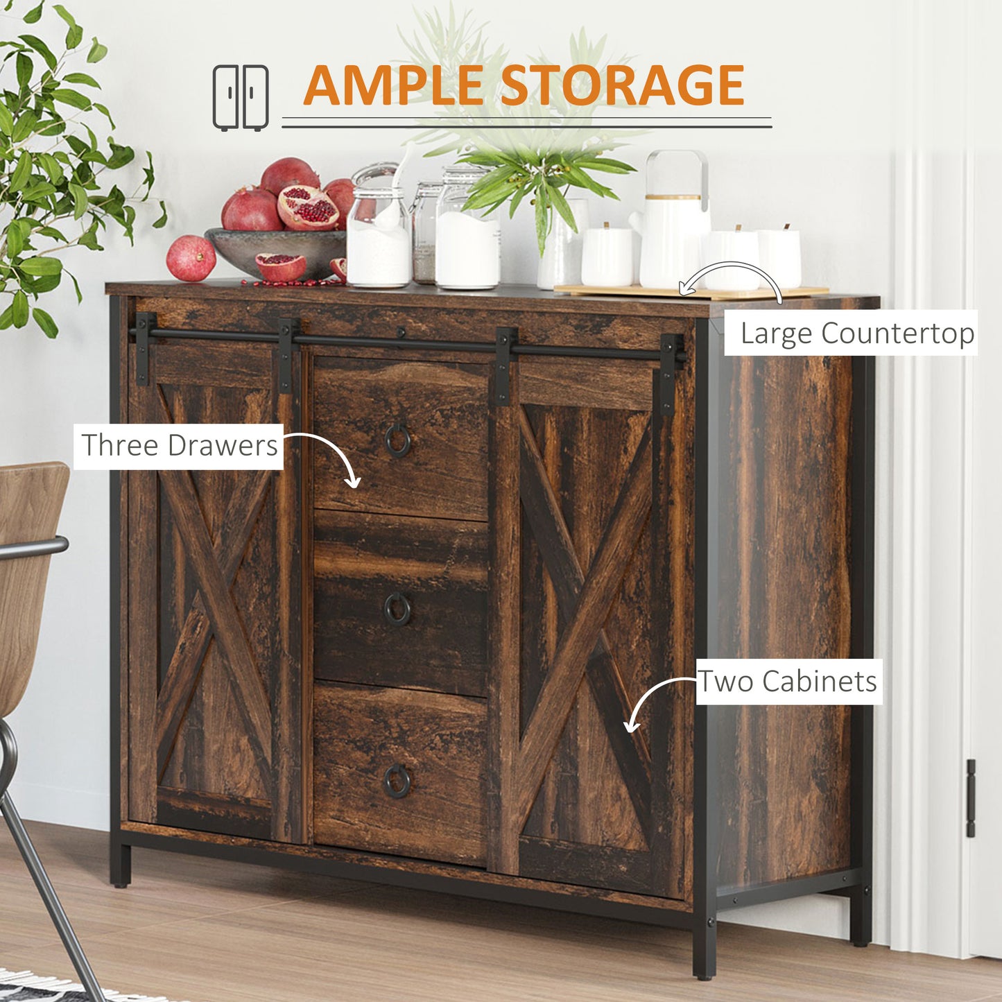 Industrial Buffet Cabinet, Kitchen Sideboard with Sliding Barn Doors, Three Drawers and Adjustable Shelves, Rustic Brown