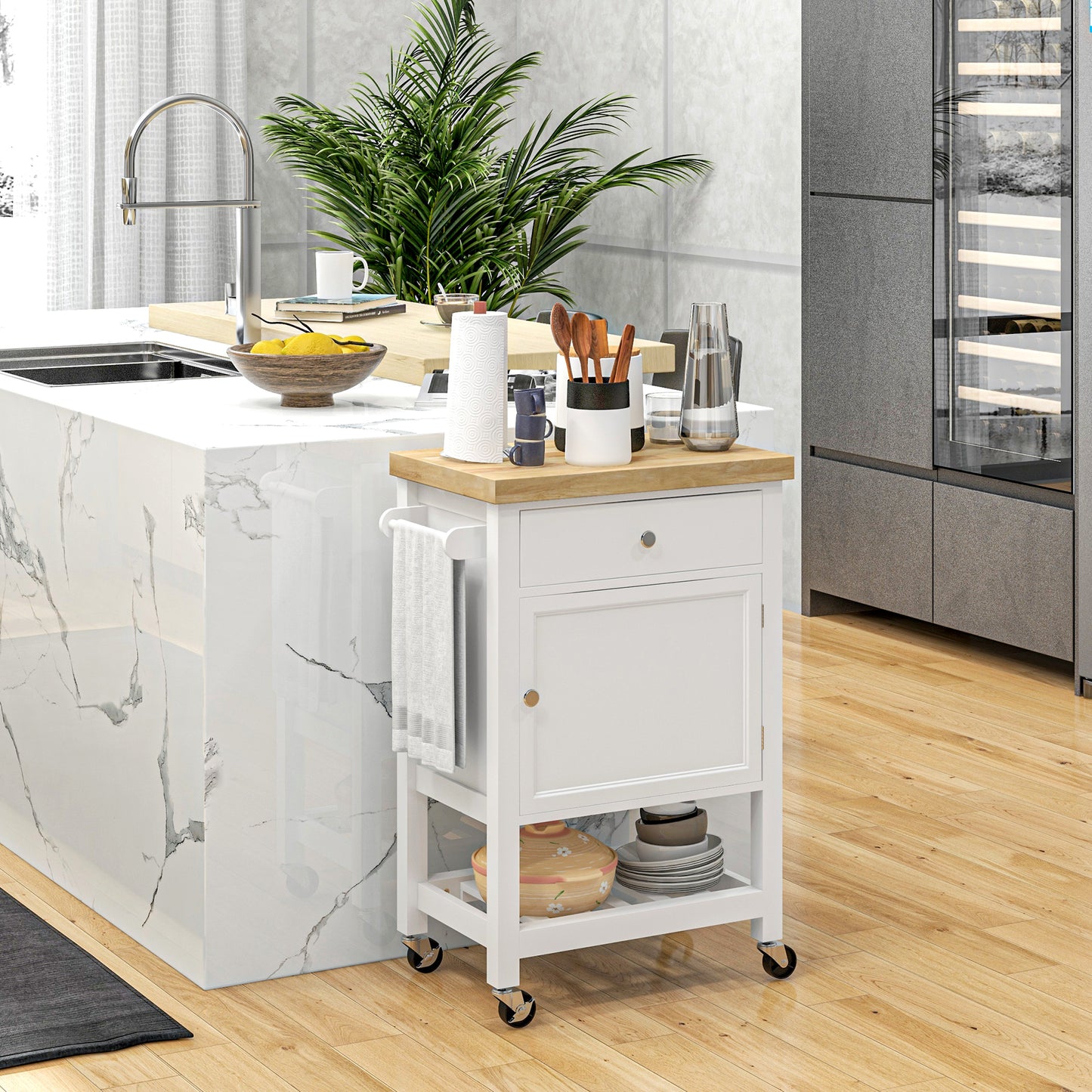 Kitchen Cart on Wheels, Rolling Kitchen Island Cart with Wood Top, Towel Rack, Drawer and Shelf for Dining Area, White