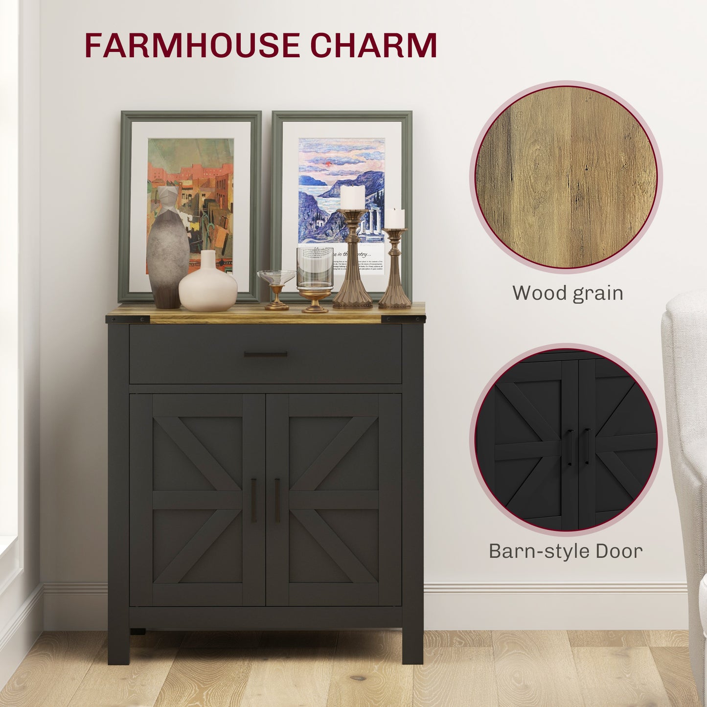 Sideboard Buffet Cabinet, Farmhouse Kitchen Storage Cabinet w/ Drawer and Shelf for Living Room, Entryway