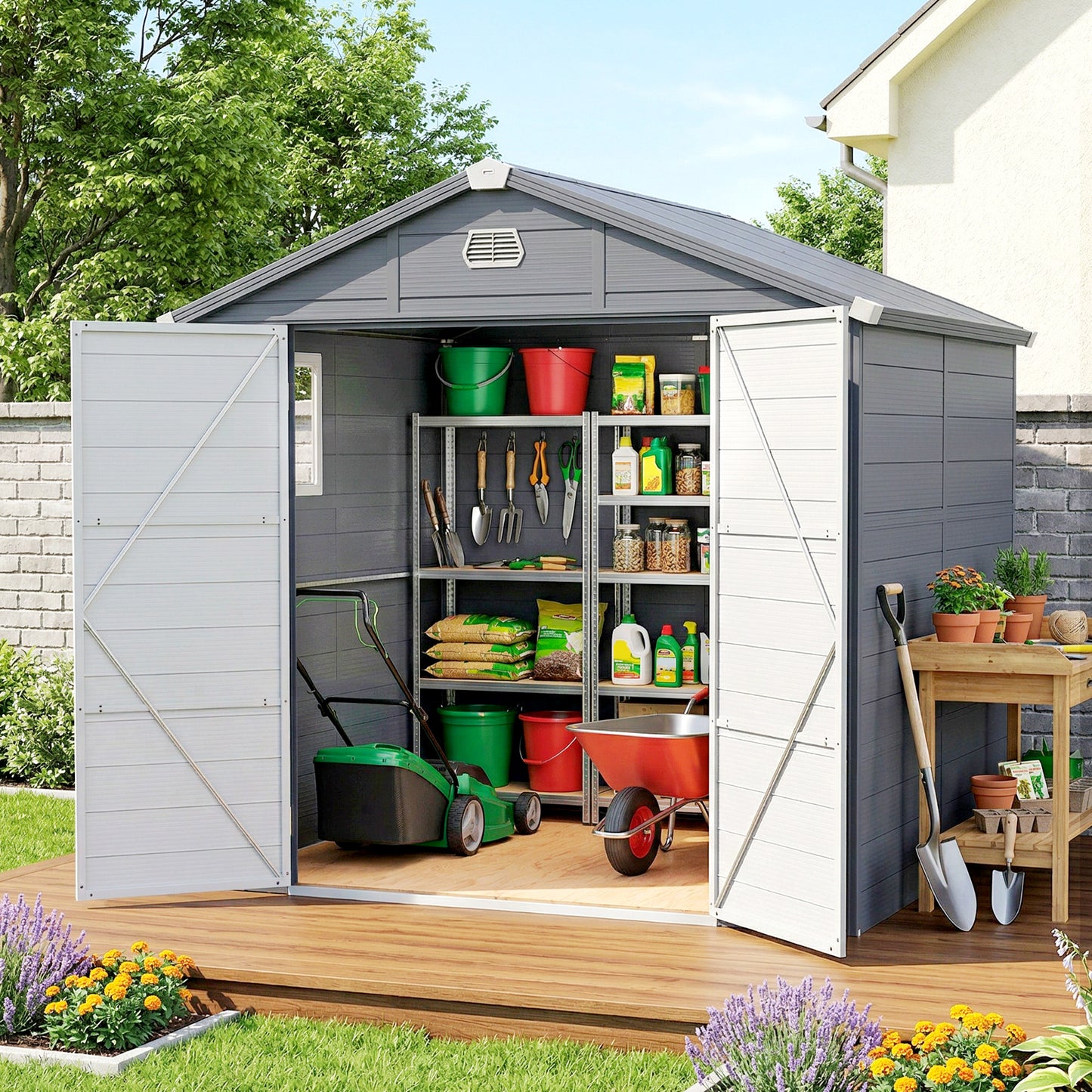 8' x 6' Plastic Garden Storage Shed with Latch Door, Vents, Sloped Roof, Dark Grey