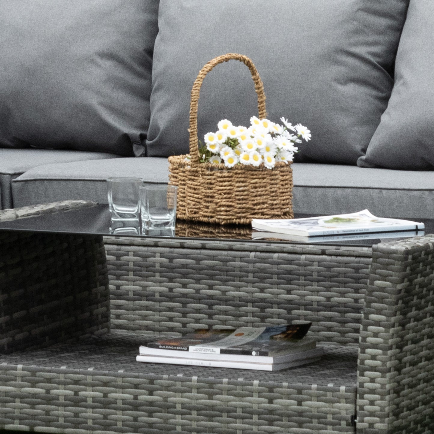 5 Pieces Wicker Patio Furniture Set with 4" Thick Cushions, Outdoor PE Rattan Garden Conversation Sectional Sofa Set with Glass Top Two-tier Coffee Table, Grey