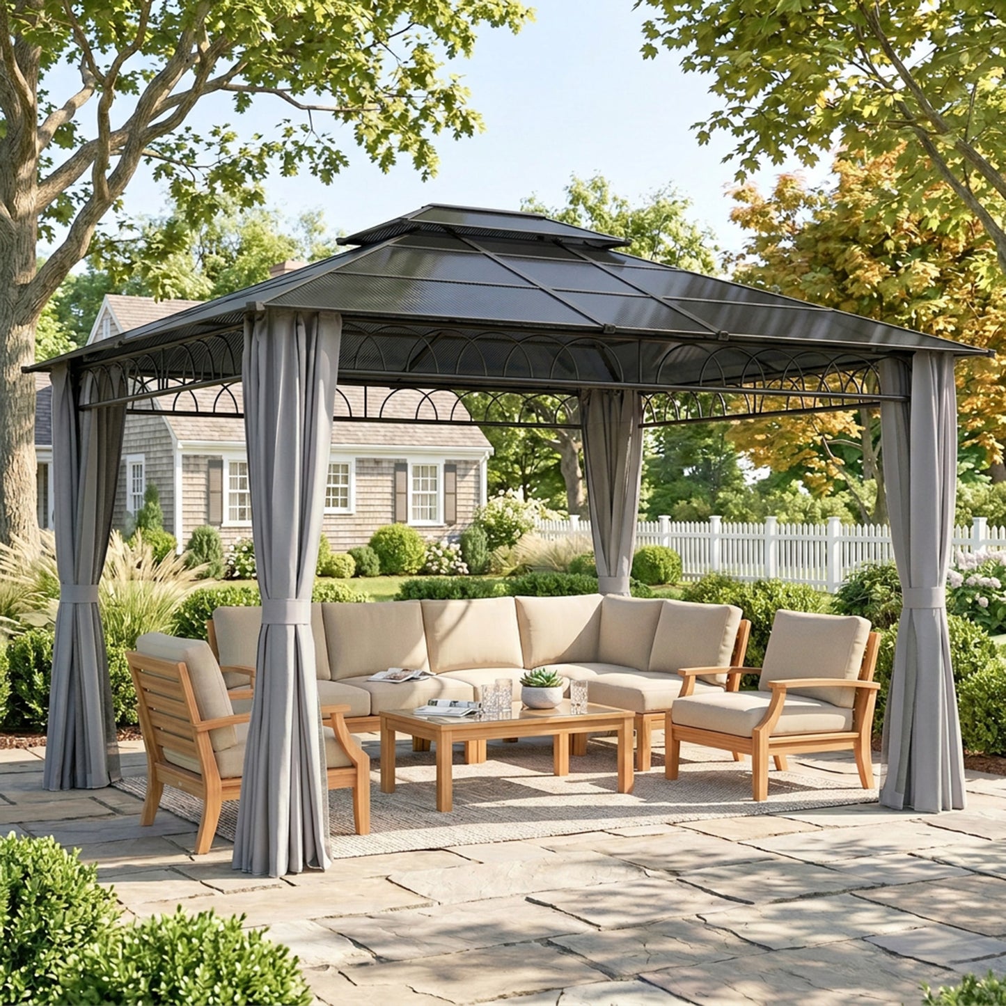10' x 12' Outdoor Hardtop Gazebo Canopy w/ Double PC Roof, Steel Frame, Nettings, Curtains for Garden Lawn Deck, Grey