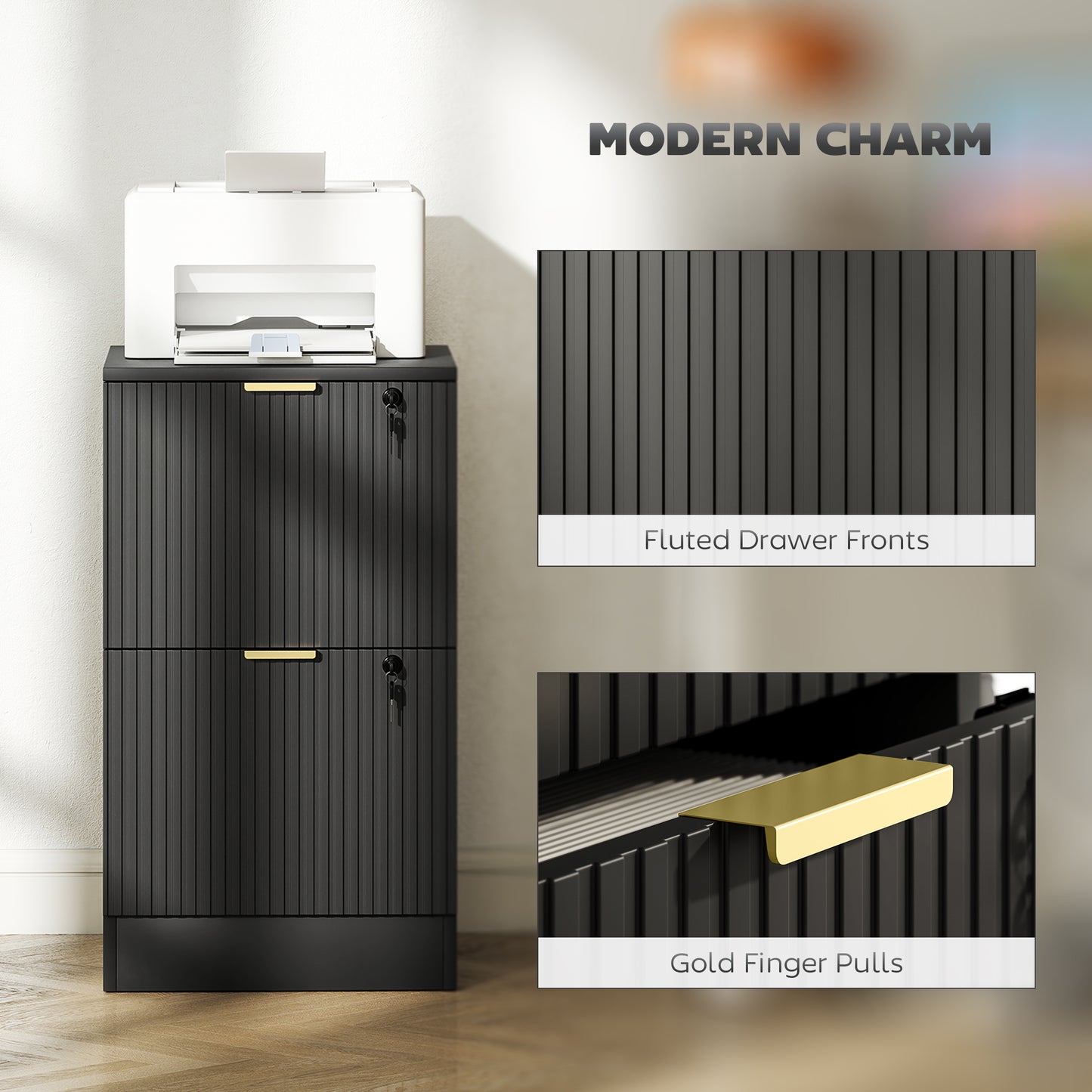 Lockable Filing Cabinet with 2 Fluted Drawers, File Cabinet with Adjustable Hanging Rails for A4 Letter Files, Black