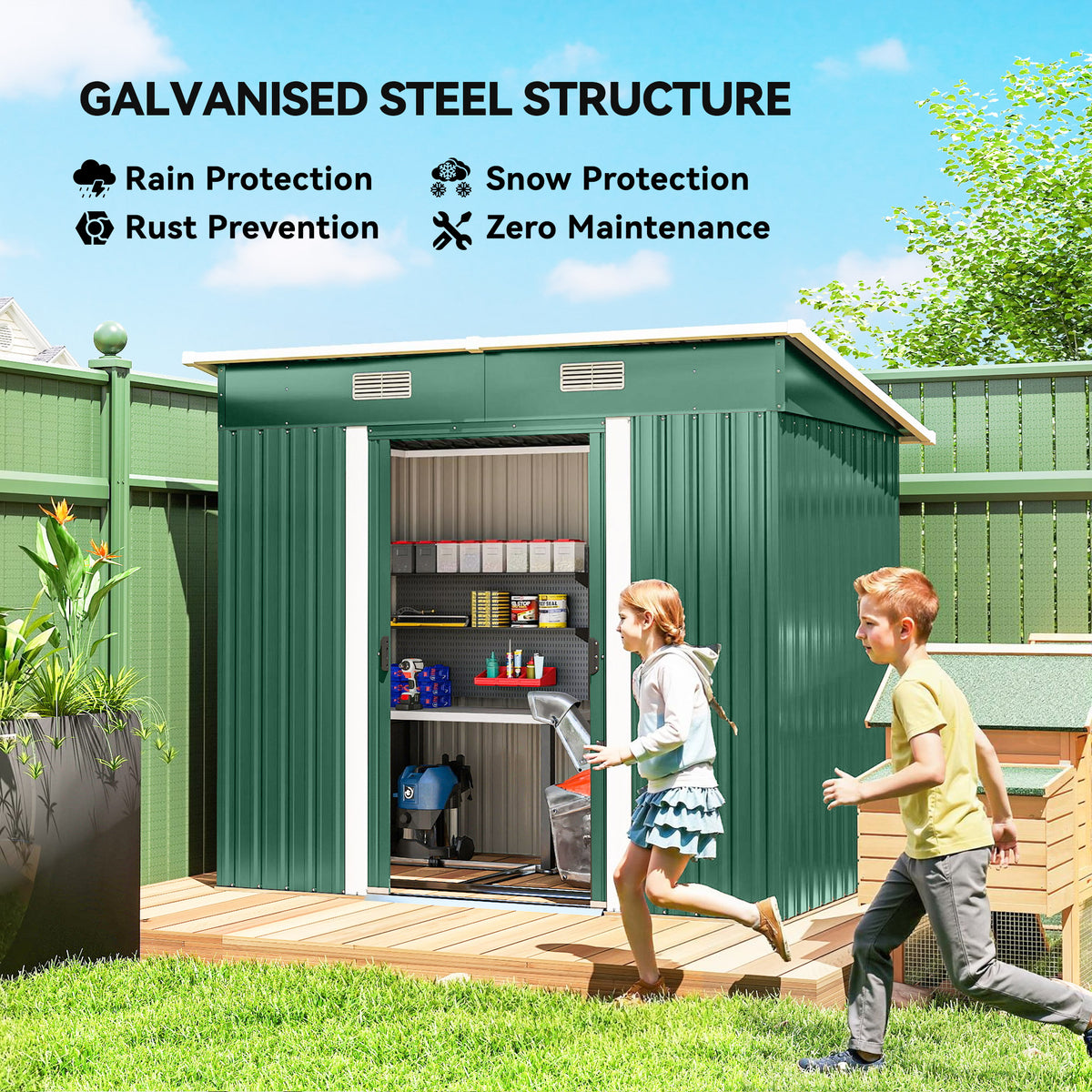 7' x 4' Metal Storage Shed, Lockable Tool Unit - Green