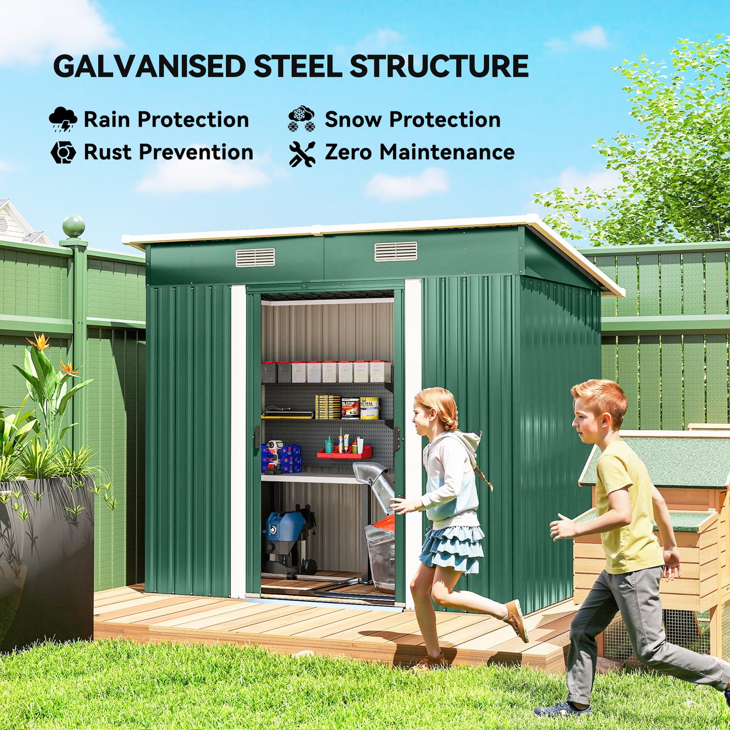 7' x 4' Metal Storage Shed, Lockable Tool Unit - Green