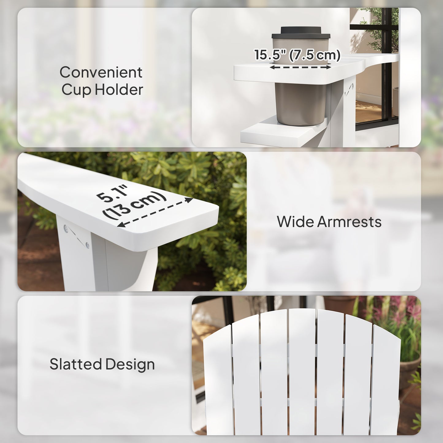Classic Adirondack Chair Muskoka Chair, Garden Deck Chair with Cup Holder for Patio, Indoor, Backyard, White