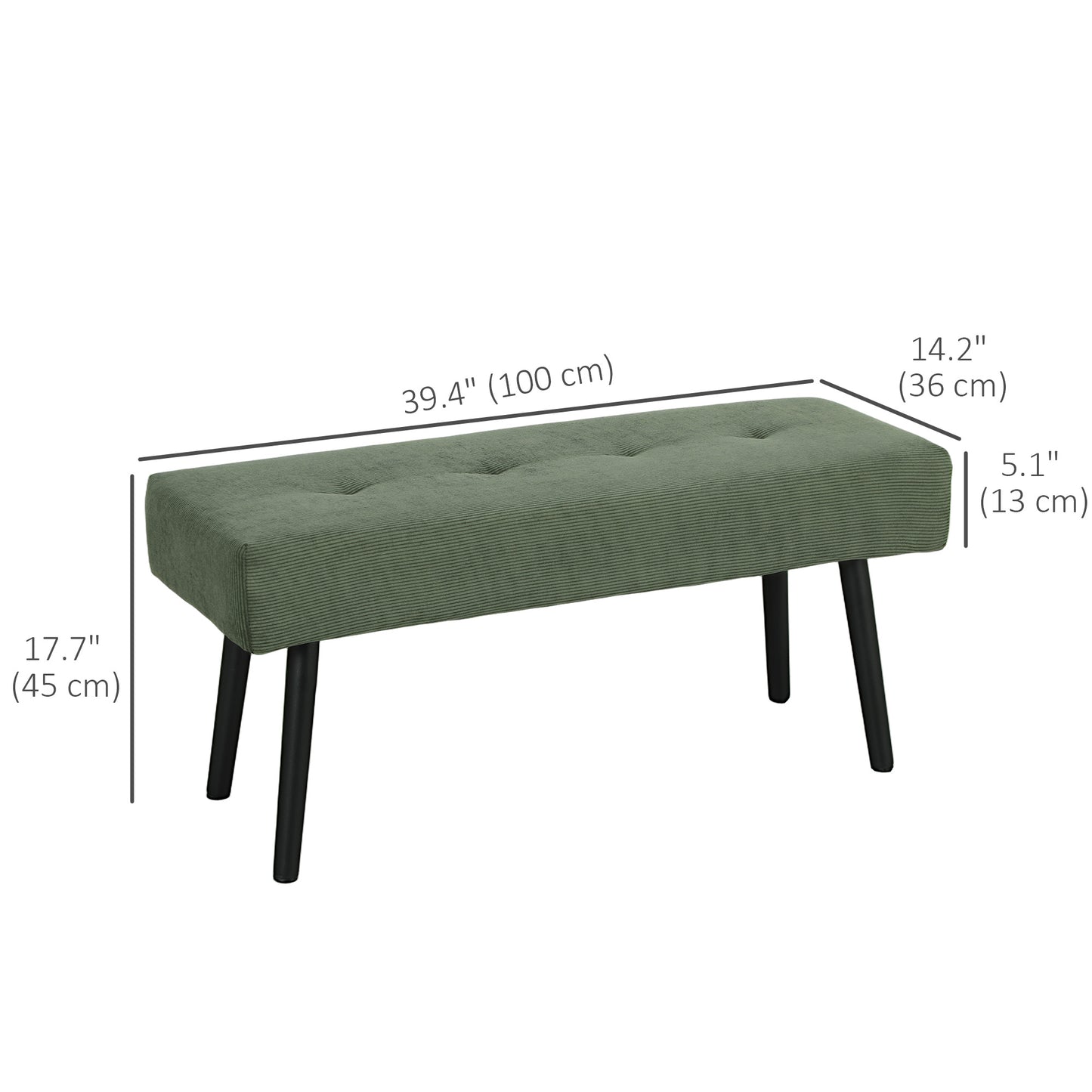 39" Upholstered Ottoman Bench, Corduroy Entryway Bedroom Bench with Padded Seat and Steel Legs for Bedroom, Green