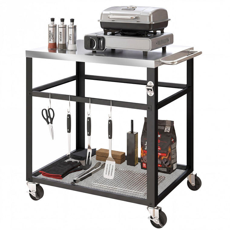 Black 2-Tier Grill Cart with Stainless Steel Tabletop
