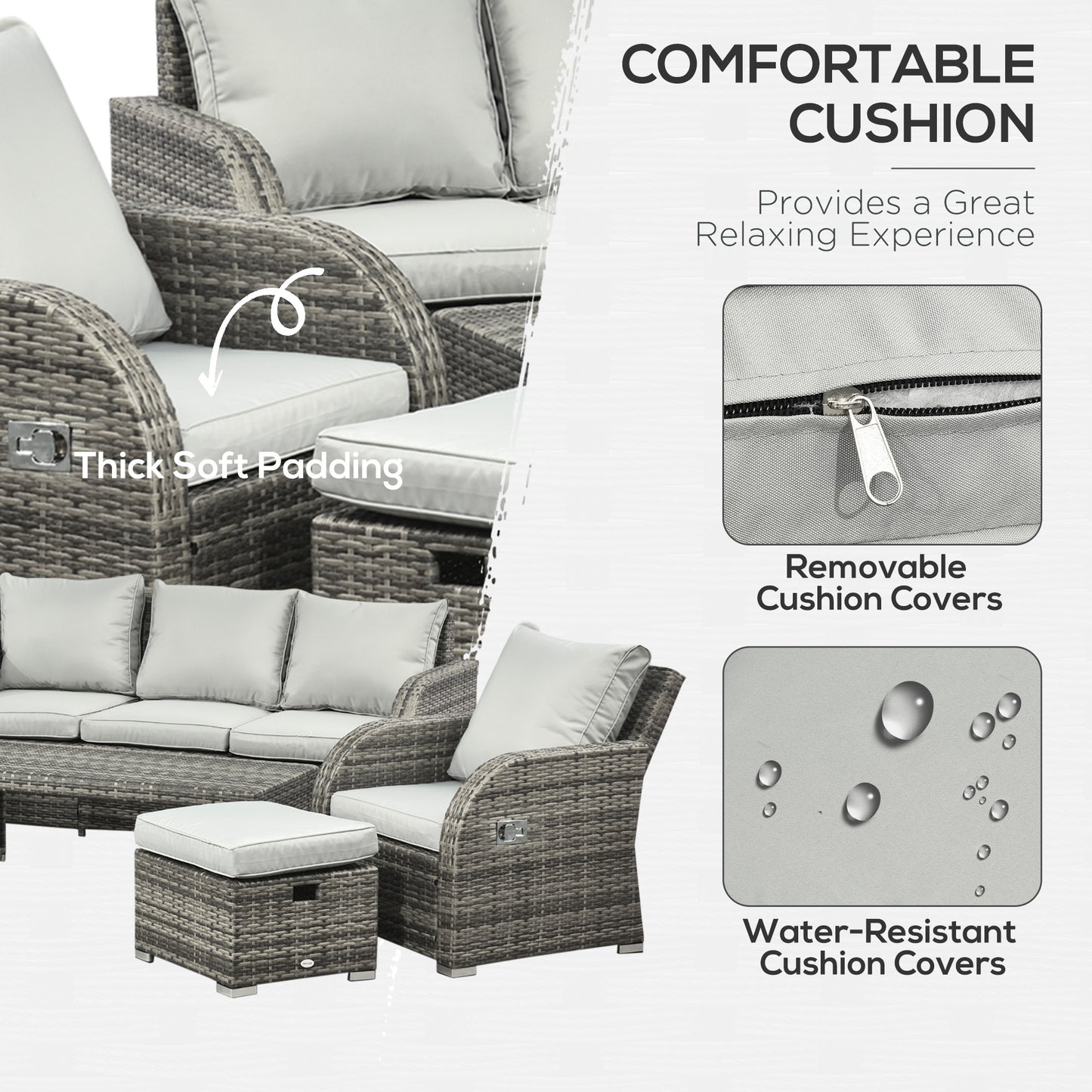 6 Pieces Patio Furniture Set, Conversation Set Wicker Sectional Set Cushioned Outdoor Rattan 3-Seat Sofa, 2 Adjustable Recliners, 2 Footstools & Table Set for Lawn Garden Backyard, Light Grey