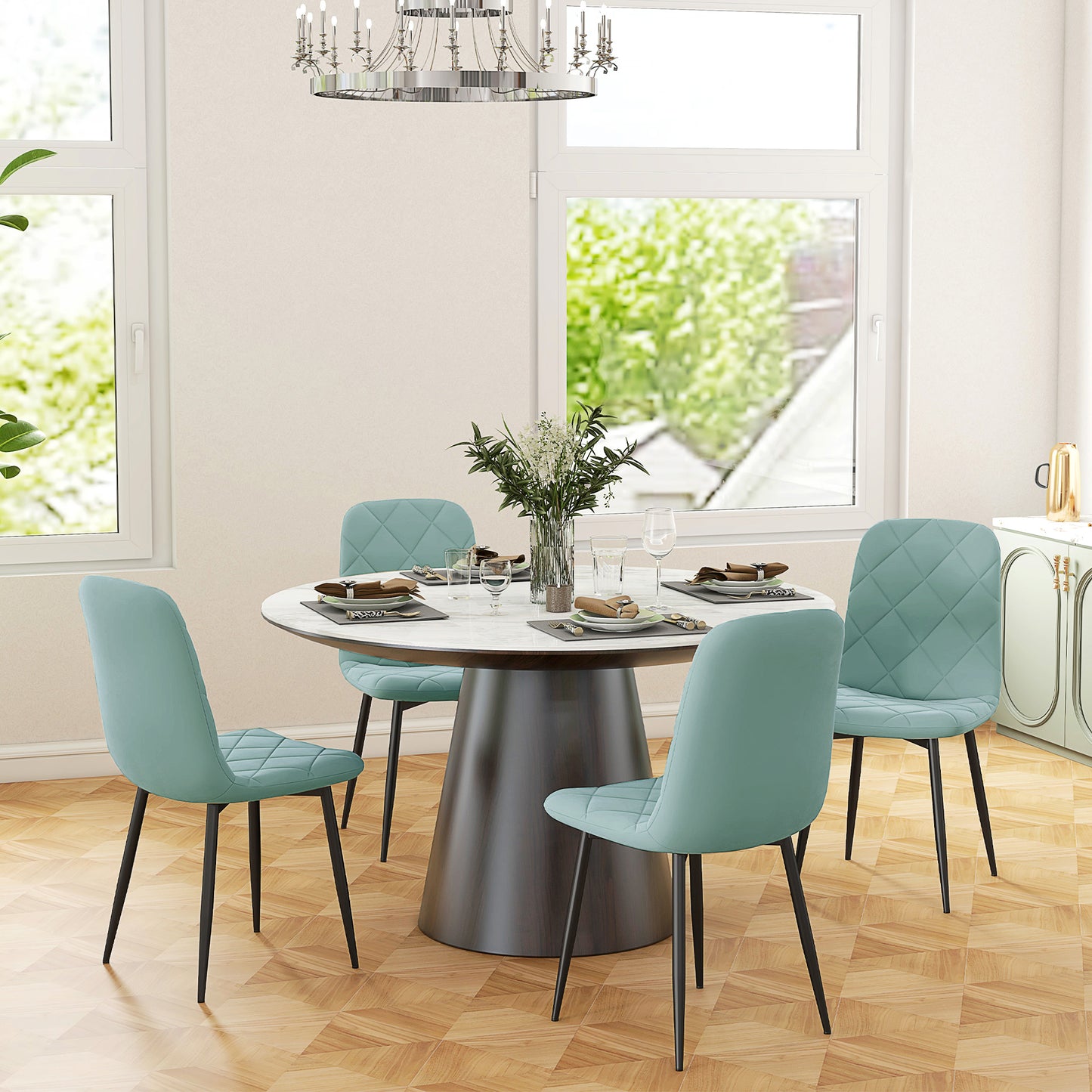 Dining Chairs Set of 4, Upholstered Dining Room Chairs with Steel Legs, Modern Kitchen Chair for Dining Room, Green