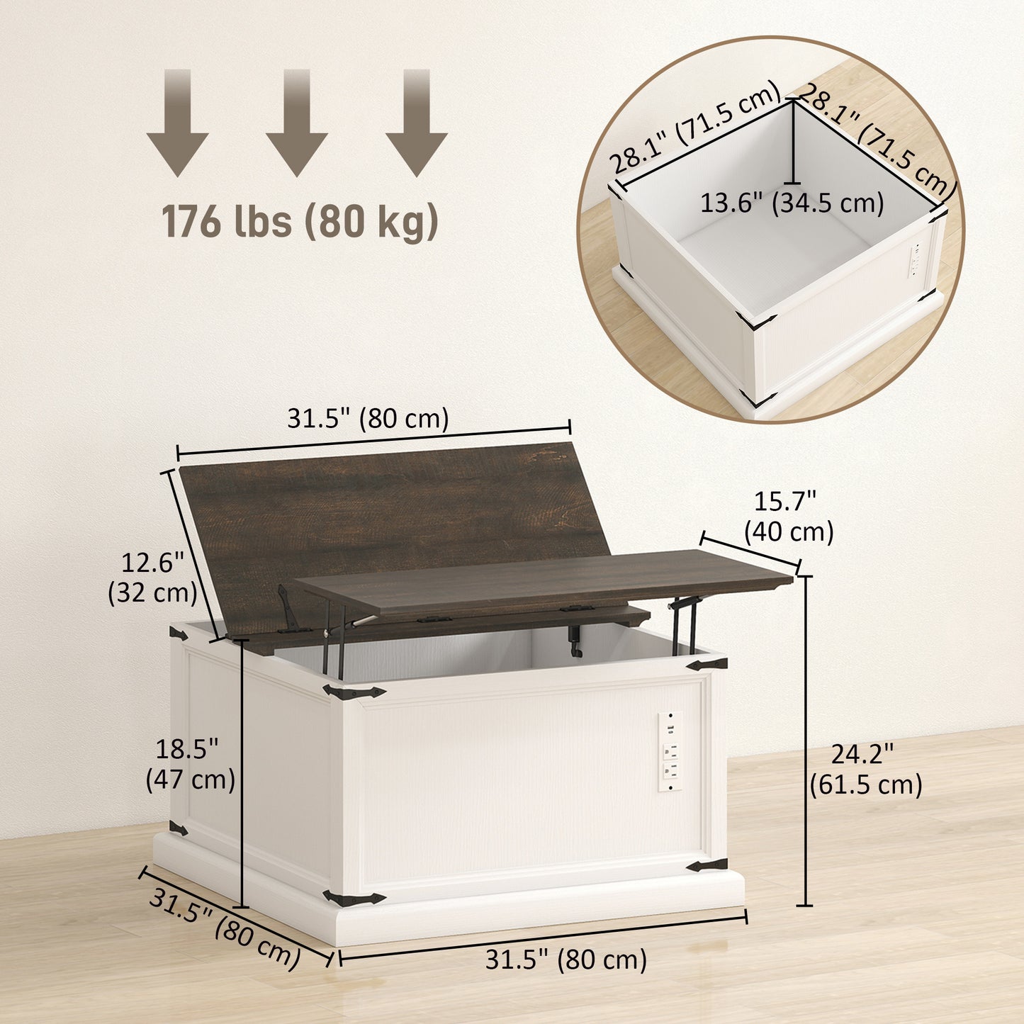 Lift Top Coffee Table with Charging Station, Square Farmhouse Center Table with Hidden Storage, White Wood Grain
