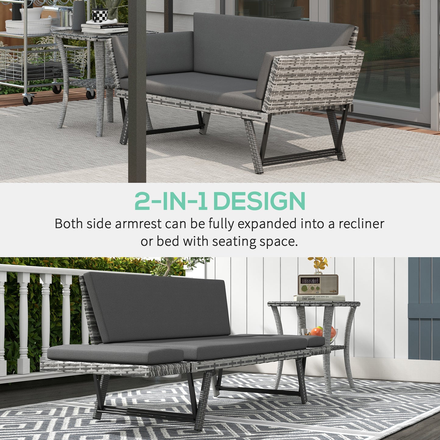 Convertible Wicker Loveseat Grey Patio Chaise Lounge
