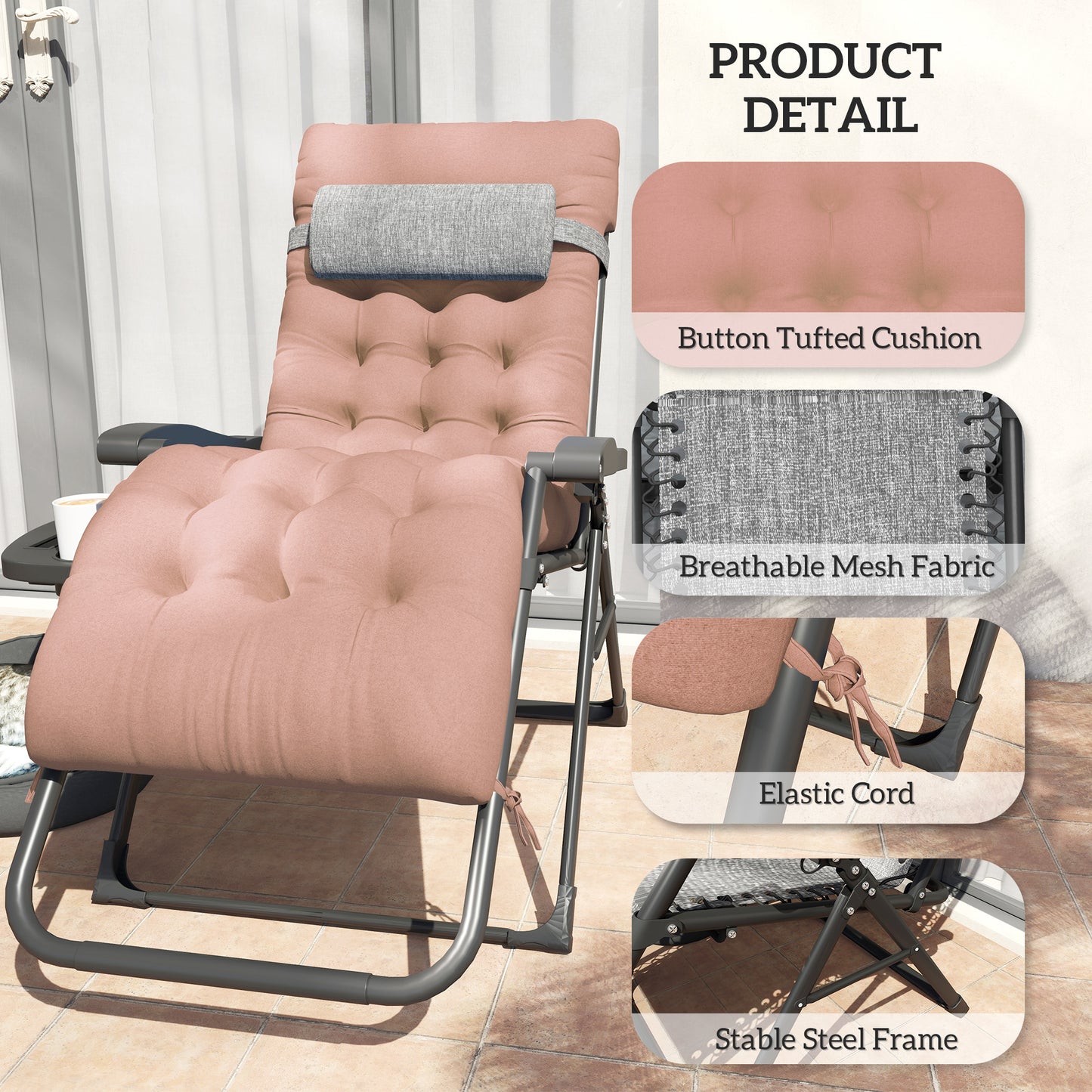 Padded Folding Recliner Chair, Patio Lounger with Cupholder, Adjustable Backrest, Removable Cushion, Navy Blue