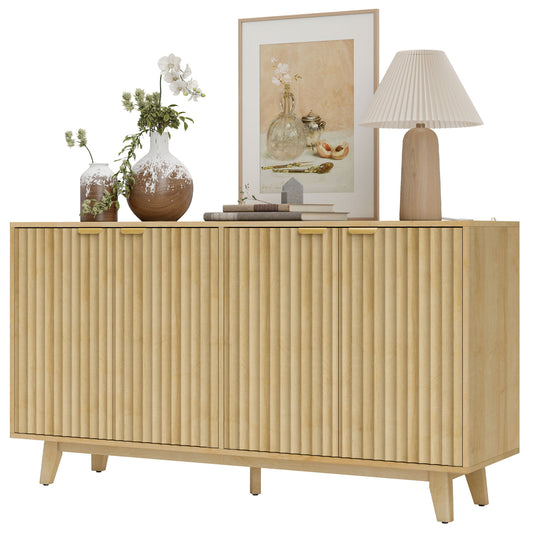 55" Fluted Sideboard Buffet Cabinet with 4 Doors - Natural Wood