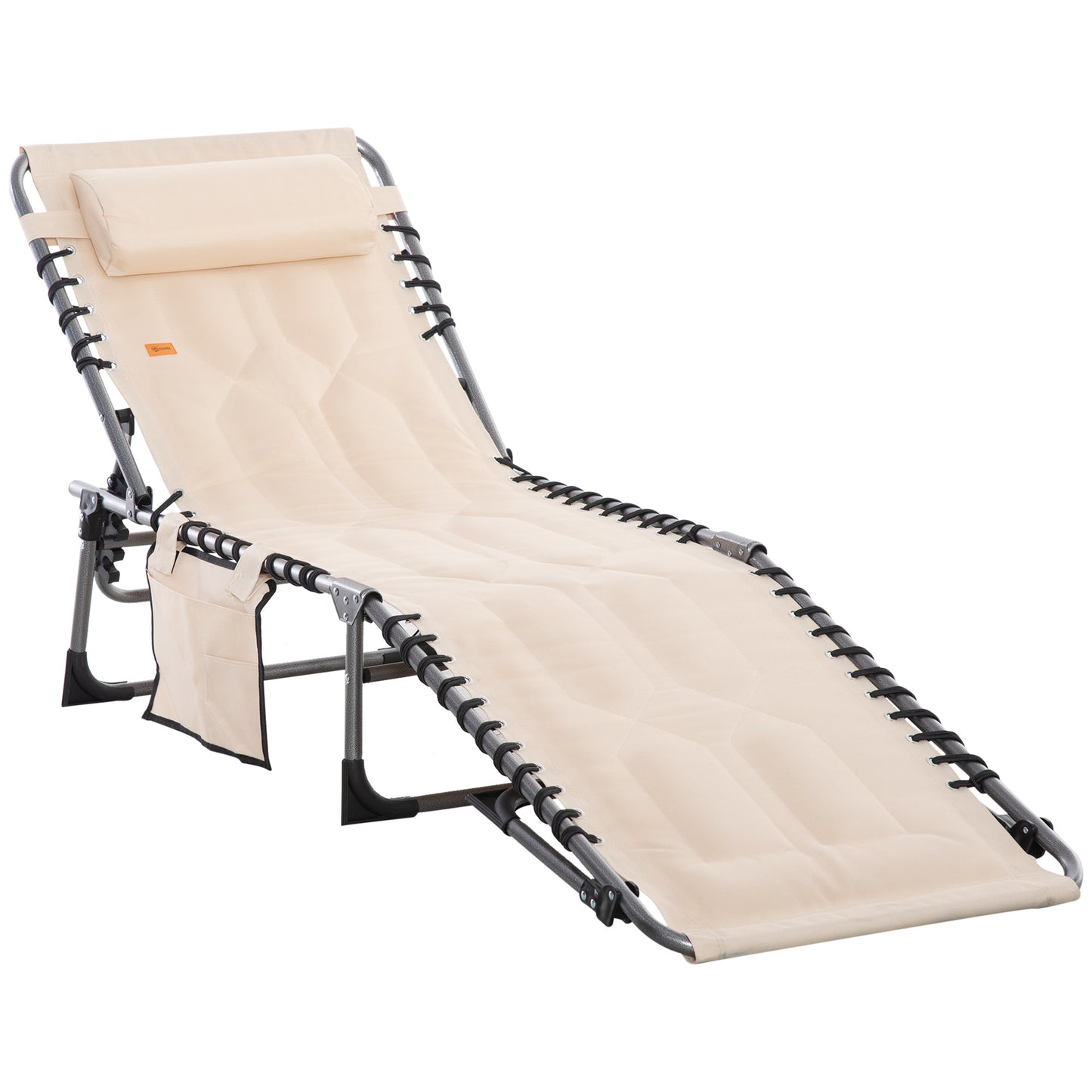 Folding Chaise Lounge Chair, Outdoor Padded Reclining Chair with 5-position Adjustable Backrest, Pillow and Pocket for Patio, Deck, Beach, Lawn and Sunbathing, Black